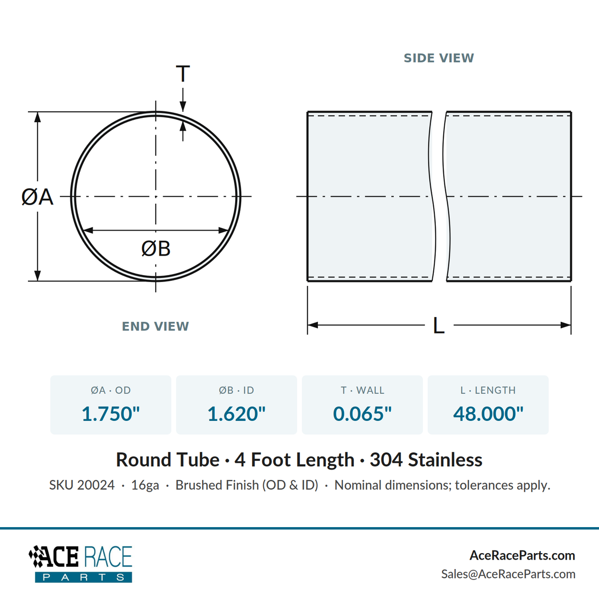 1.750" OD x 16ga (0.065") Round Tube - Brushed Finish - 304 Stainless - 4 Foot Length
