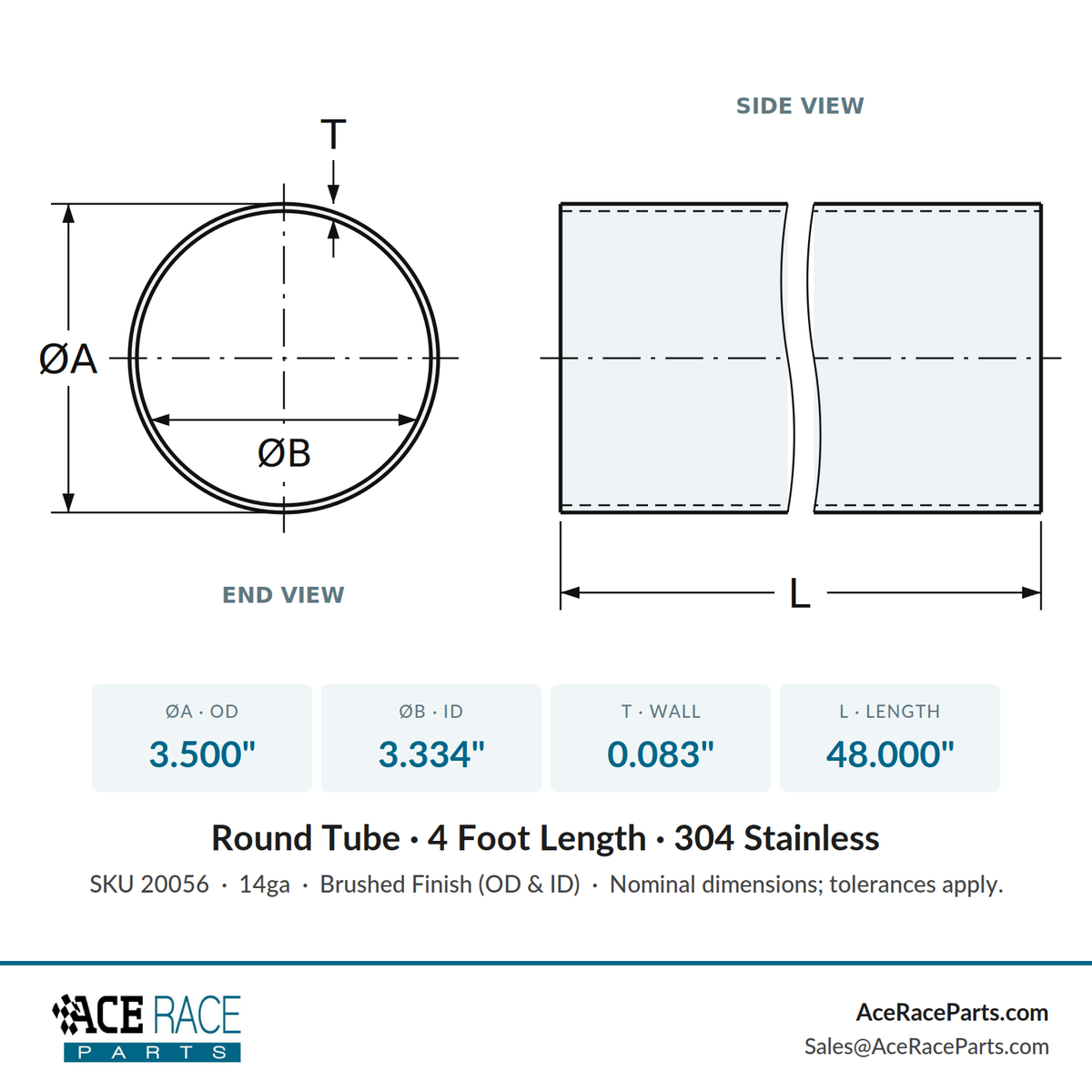 3.500" OD x 14ga (0.083") Round Tube - Brushed Finish - 304 Stainless - 4 Foot Length