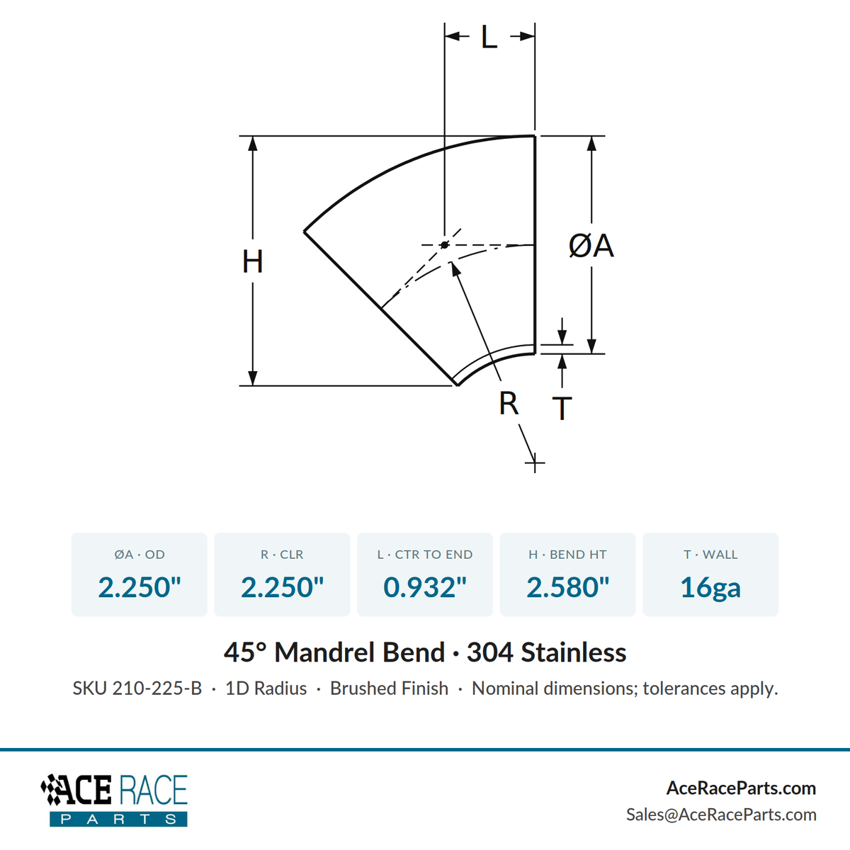 2.250" 16ga 45° Mandrel Bend - (2.250" CLR) - Brushed Finish - 304 Stainless