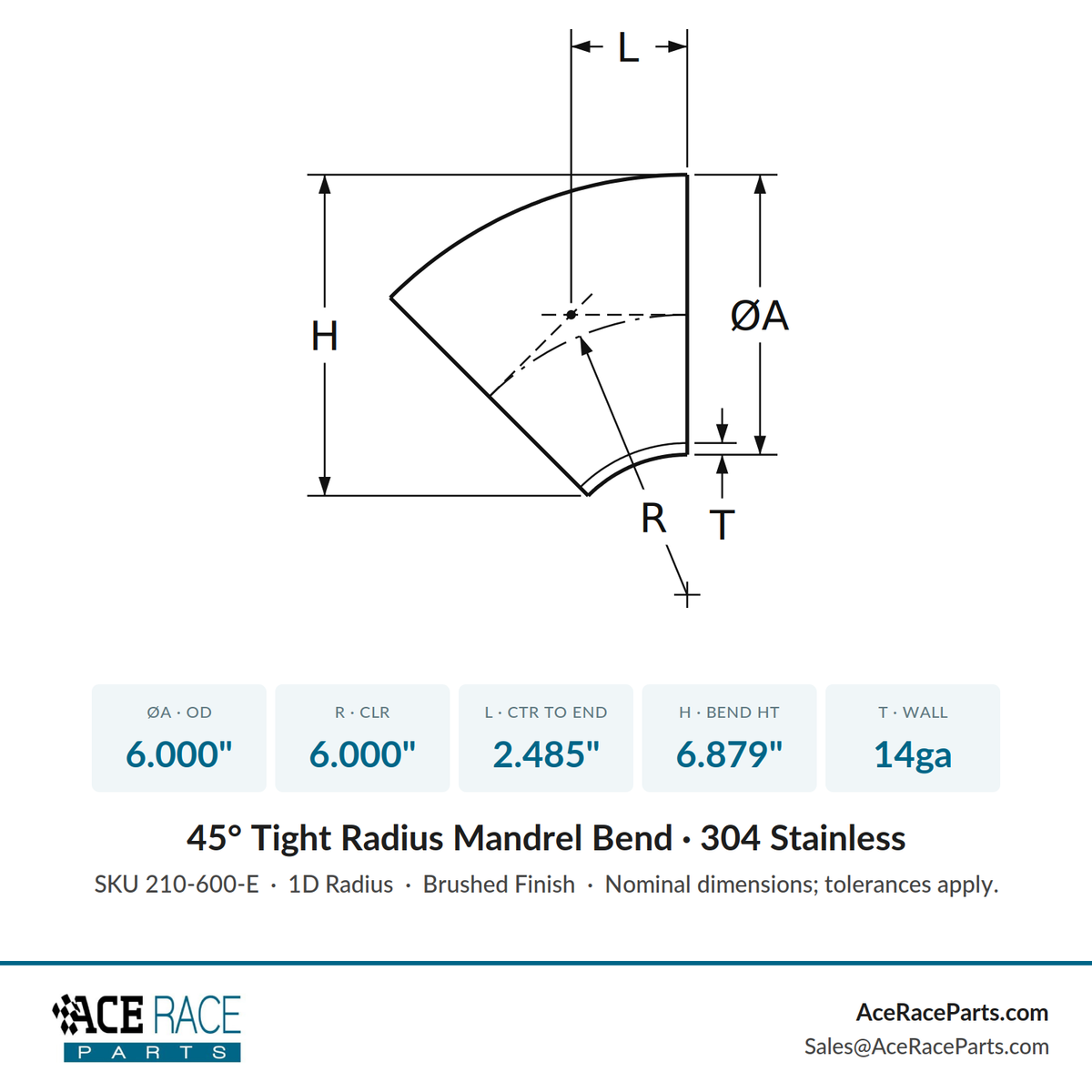 6.000" 14ga Tight Radius 45° Mandrel Bend - (6.000" CLR) - Brushed Finish - 304 Stainless