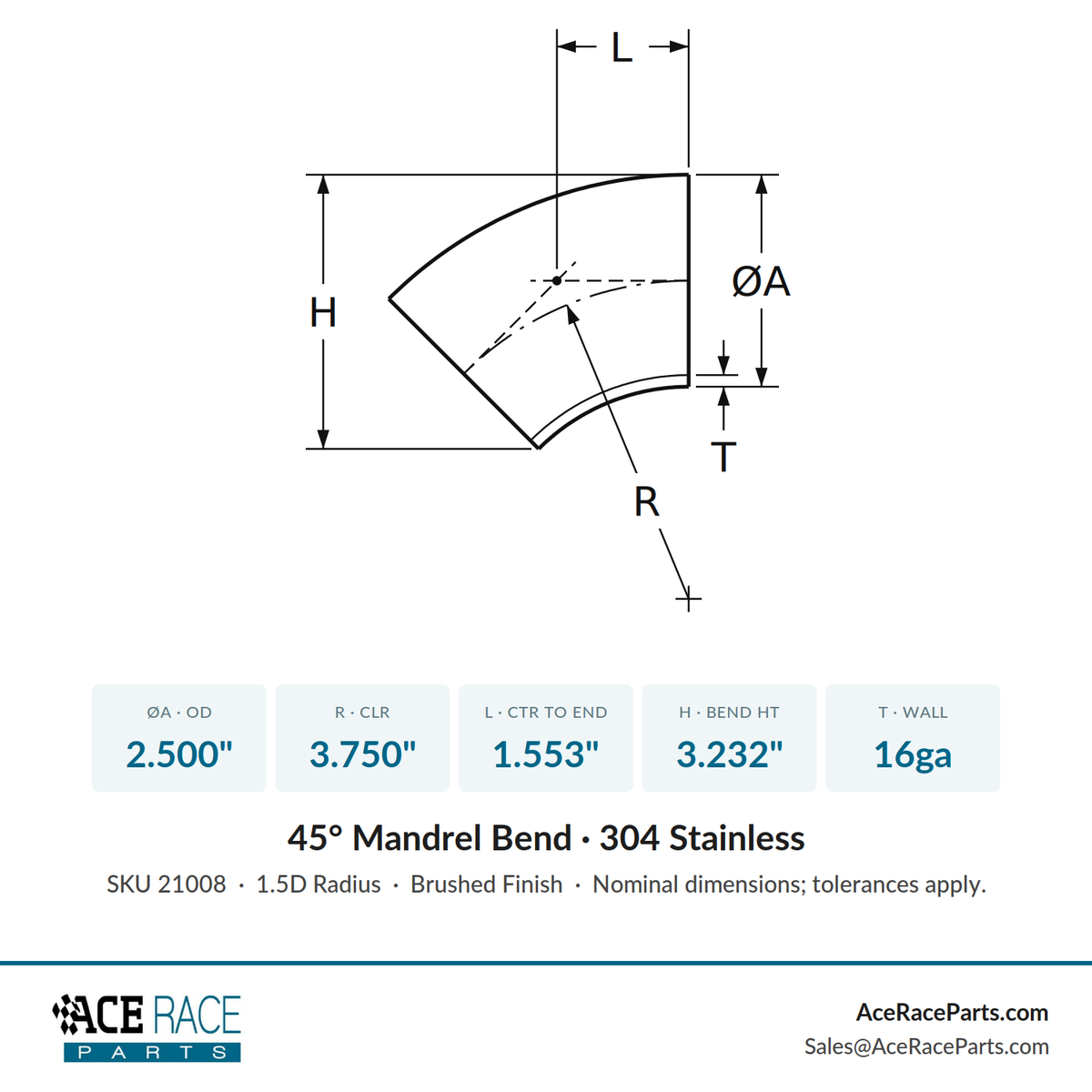 2.500" 16ga 45° Mandrel Bend - (3.750" CLR) - Brushed Finish - 304 Stainless