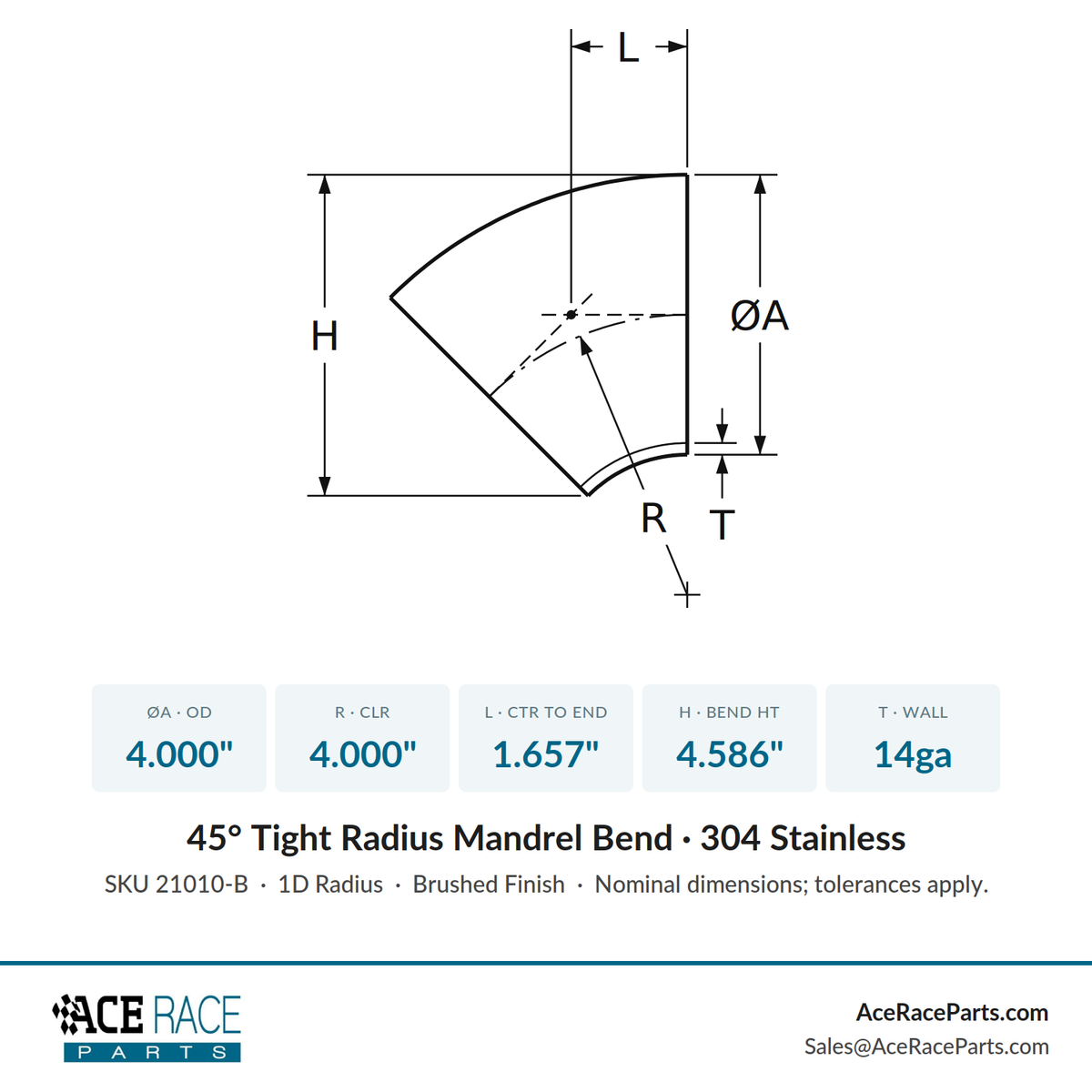 4.000" 14ga Tight Radius 45° Mandrel Bend - (4.000" CLR) - Brushed Finish - 304 Stainless