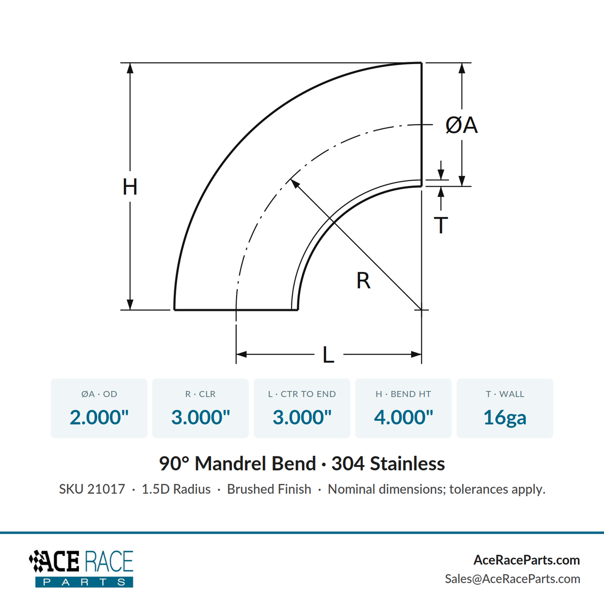 2.000" 16ga 90° Mandrel Bend - (3.000" CLR) - Brushed Finish - 304 Stainless