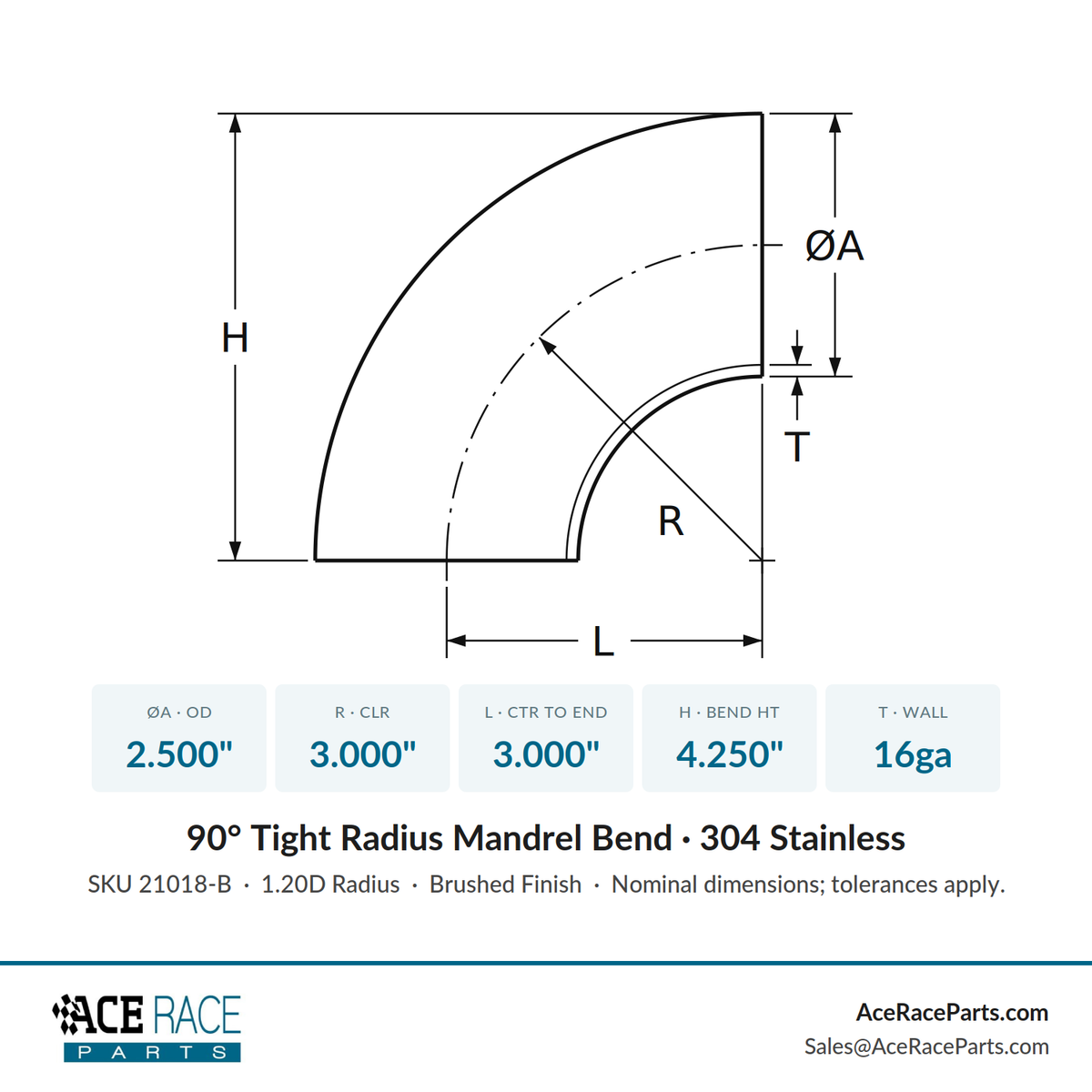 2.500" 16ga Tight Radius 90° Mandrel Bend - (3.000" CLR) - Brushed Finish - 304 Stainless