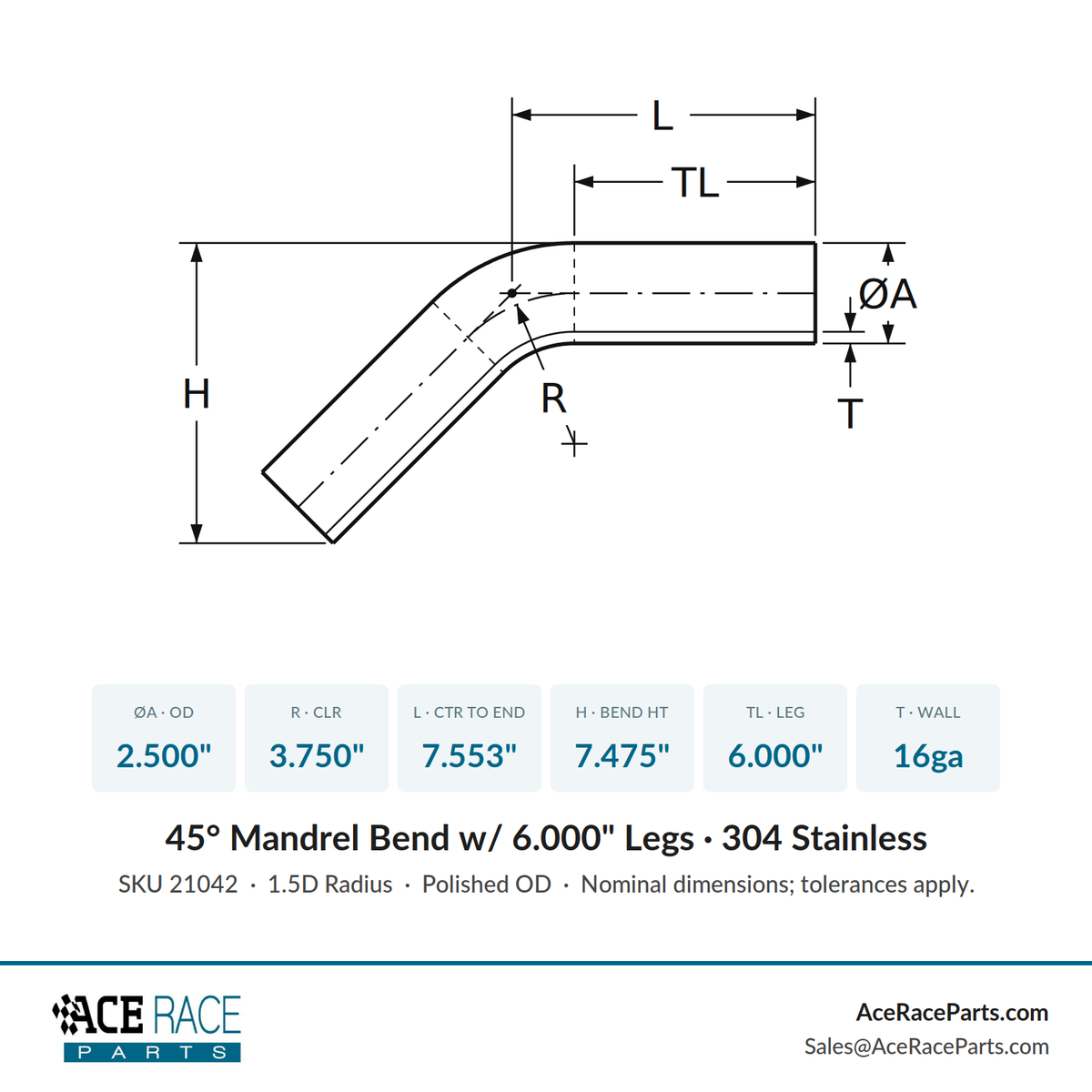 2.500" 16ga 45° Mandrel Bend - (3.750" CLR / 6.000" Legs) - Polished OD - 304 Stainless