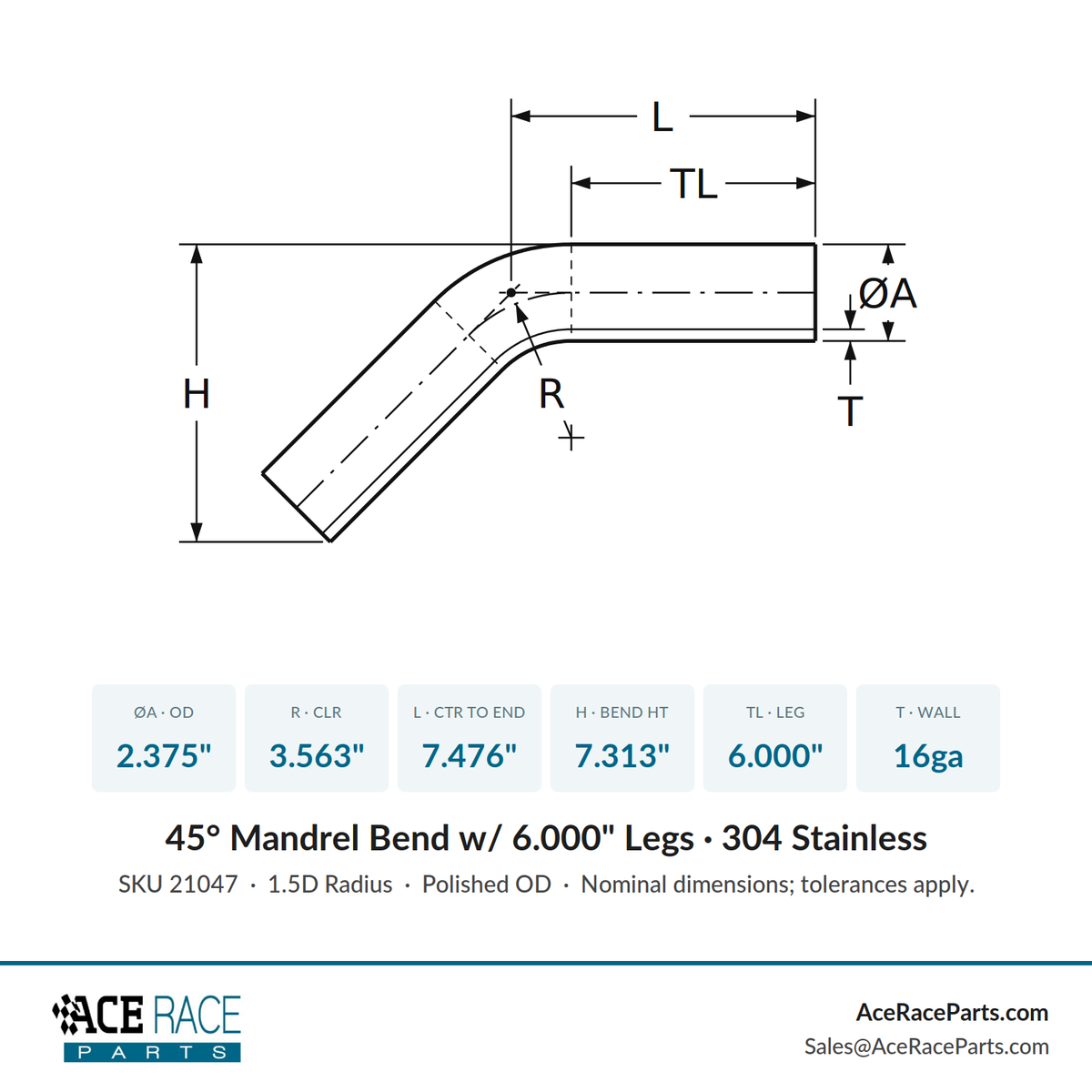 2.375" 16ga 45° Mandrel Bend - (3.563" CLR / 6.000" Legs) - Polished OD - 304 Stainless
