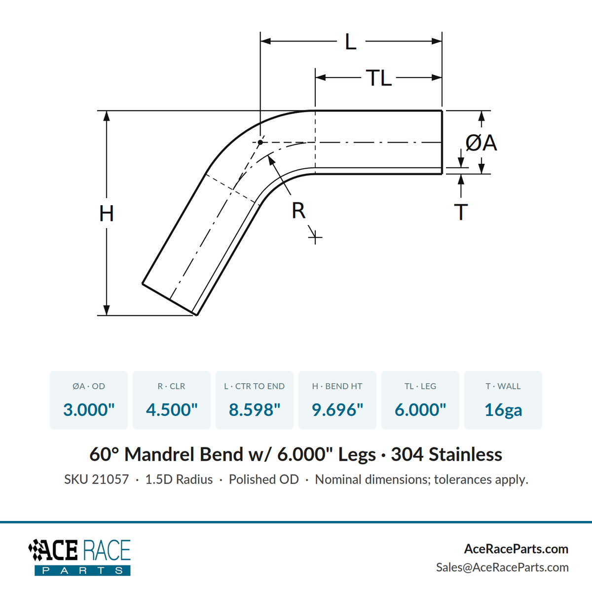 3.000" 16ga 60° Mandrel Bend - (4.500" CLR / 6.000" Legs) - Polished OD - 304 Stainless