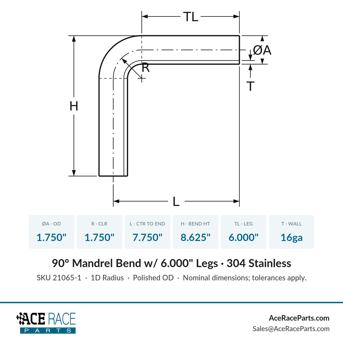 1.750" 16ga Tight Radius 90° Mandrel Bend - (1.750" CLR / 6.000" Legs) - Polished OD - 304 Stainless