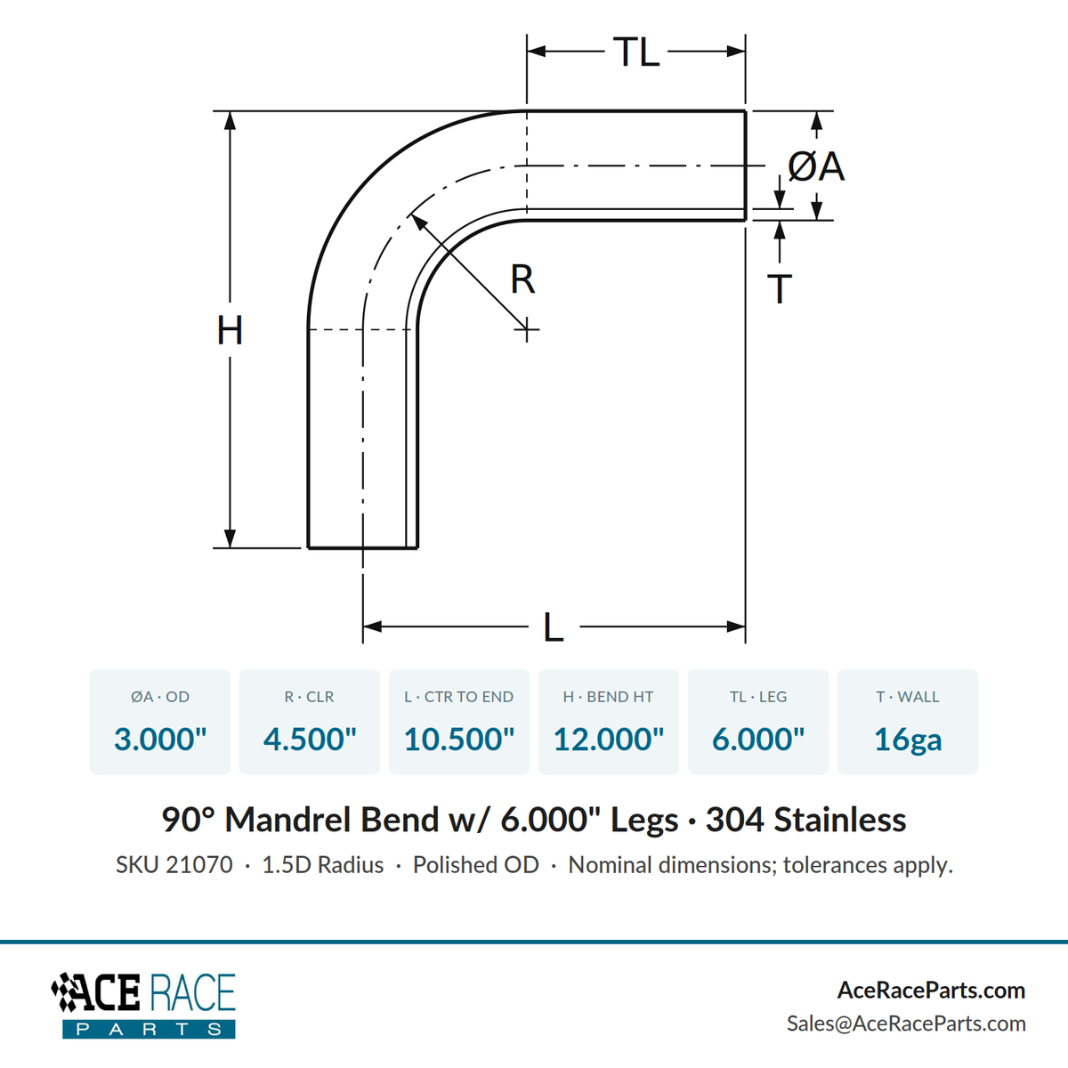 3.000" 16ga 90° Mandrel Bend - (4.500" CLR / 6.000" Legs) - Polished OD - 304 Stainless