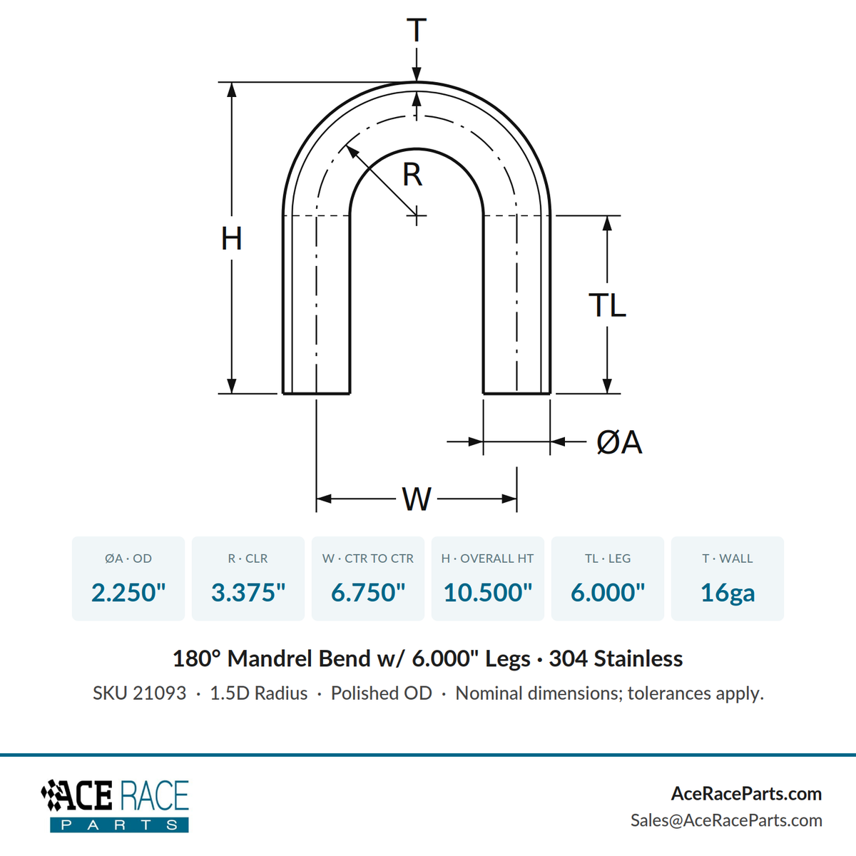 2.250" 16ga 180° Mandrel Bend - (3.375" CLR / 6.000" Legs) - Polished OD - 304 Stainless