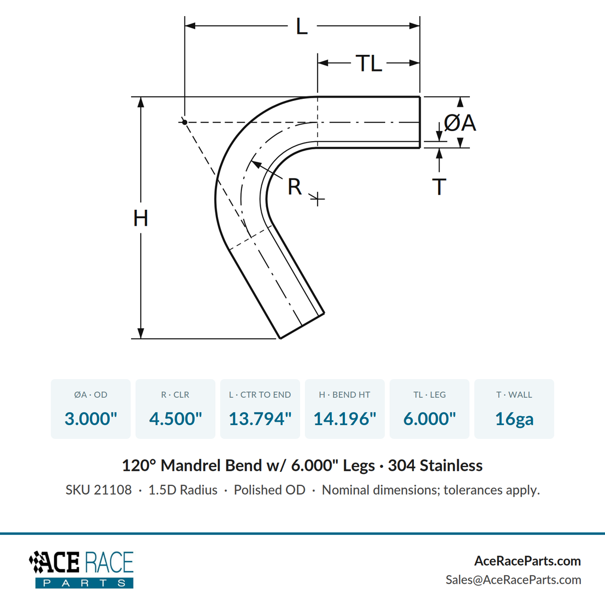 3.000" 16ga 120° Mandrel Bend - (4.500" CLR / 6.000" Legs) - Polished OD - 304 Stainless