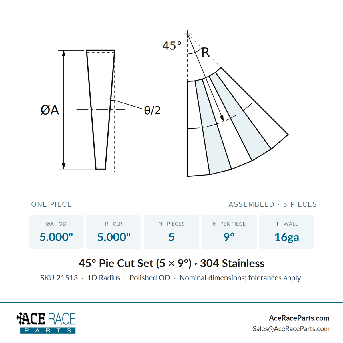 5.000" 16ga Tight Radius (1D) Pie Cut 304 Stainless (45° Bend - 5 Pieces Total)