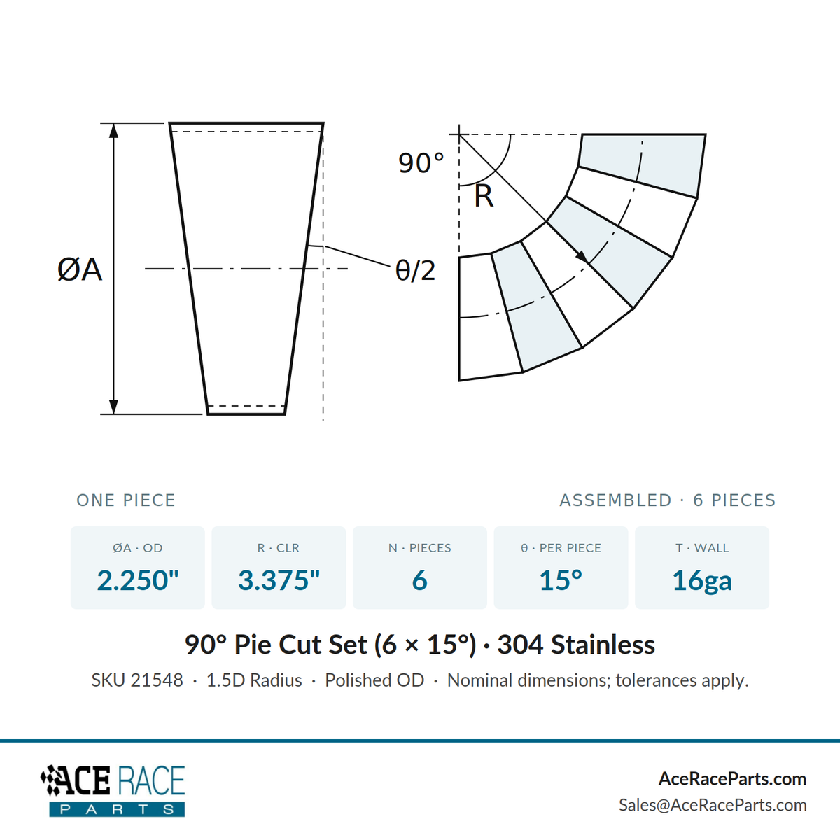 2.250" 16ga Long Radius (1.5D) Pie Cut 304 Stainless (90° Bend - 6 Pieces Total)