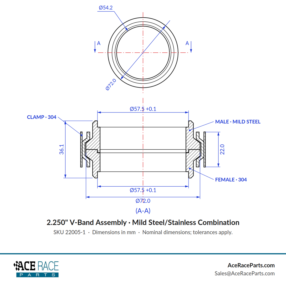 2.250" V-Band Assembly Mild Steel/Stainless Combination - Standard Clamp