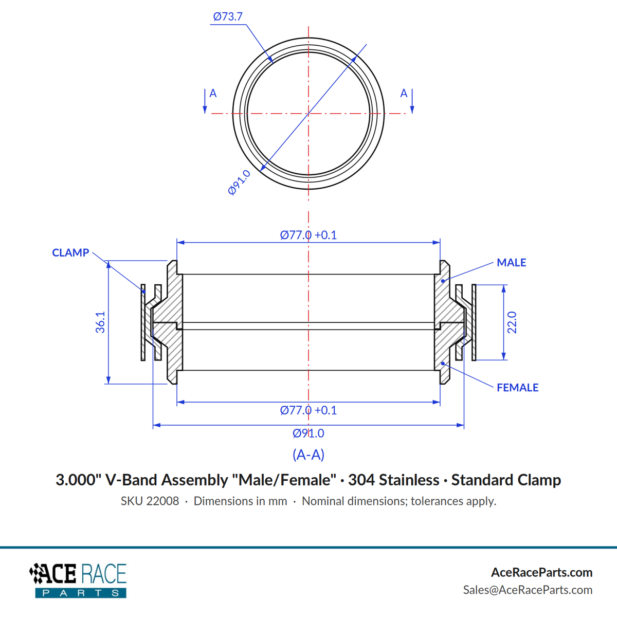 3.000" V-Band Assembly "Male/Female" 304 Stainless - Standard Clamp