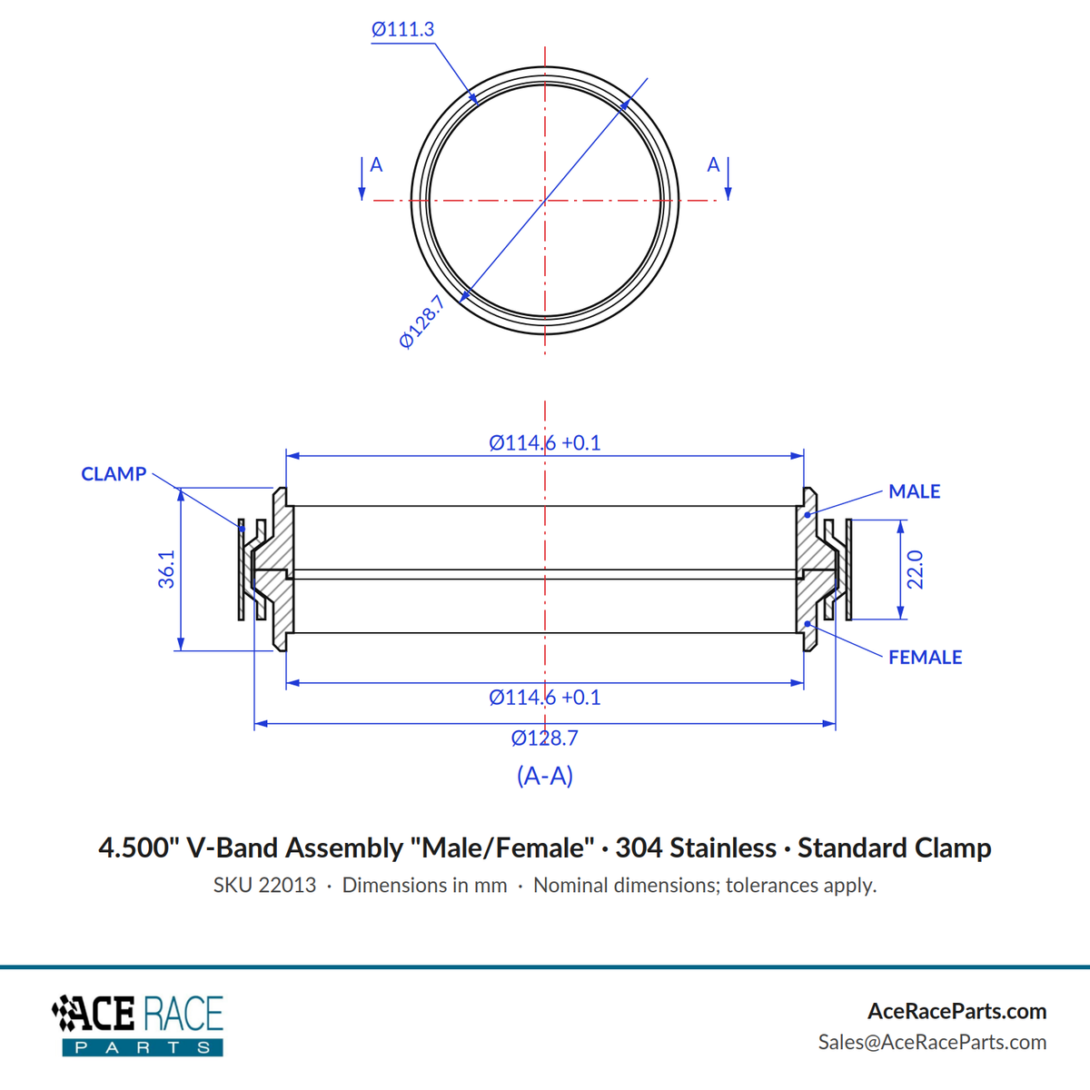 4.500" V-Band Assembly "Male/Female" 304 Stainless - Standard Clamp