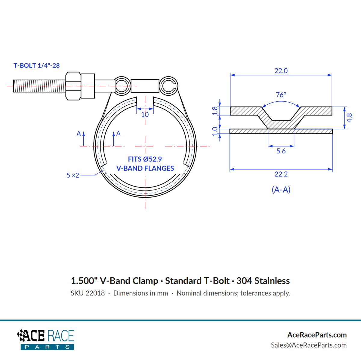 1.500" V-Band Clamp - Standard T-Bolt - (For 2.083" OD Flanges) - 304 Stainless