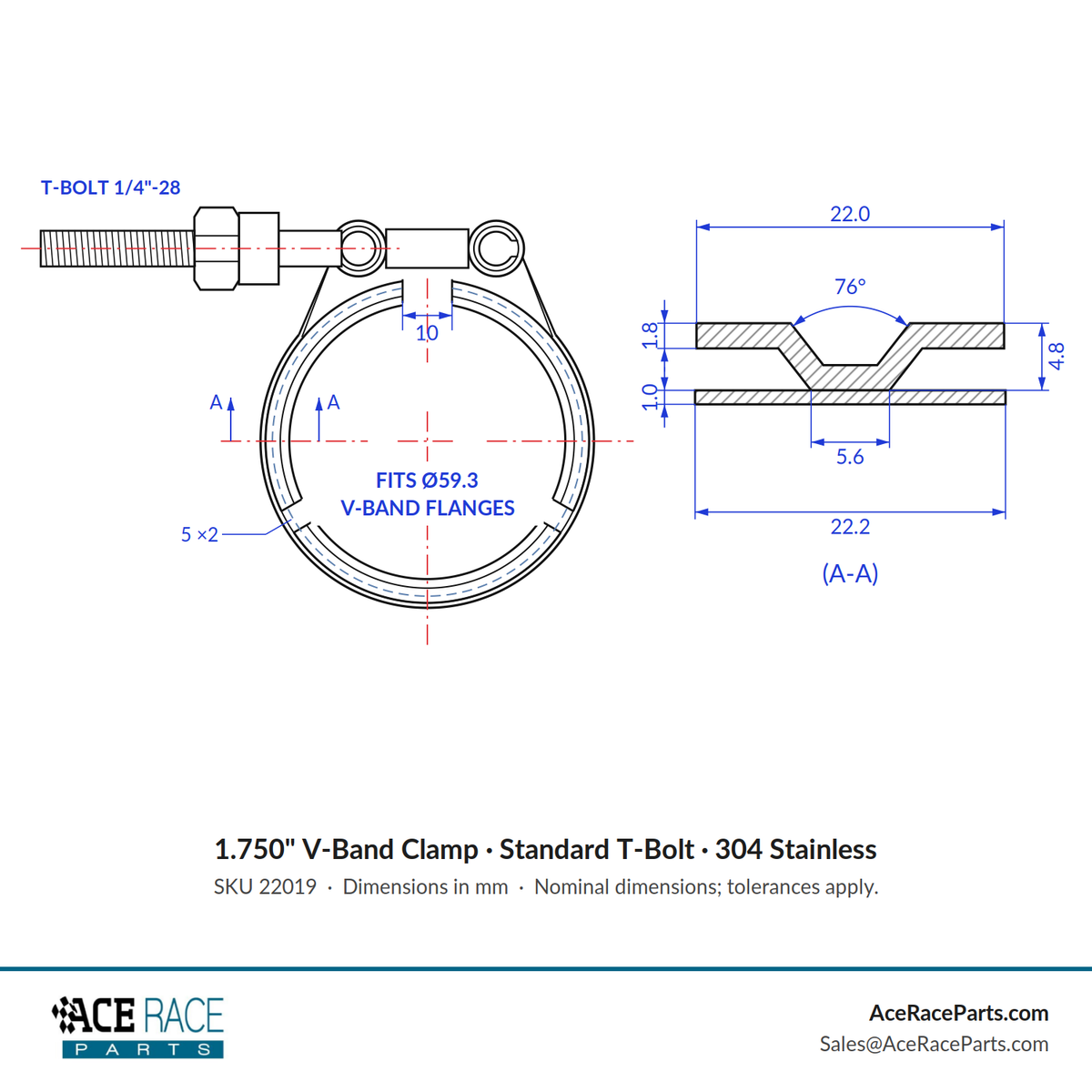 1.750" V-Band Clamp - Standard T-Bolt - (For 2.335" OD Flanges) - 304 Stainless
