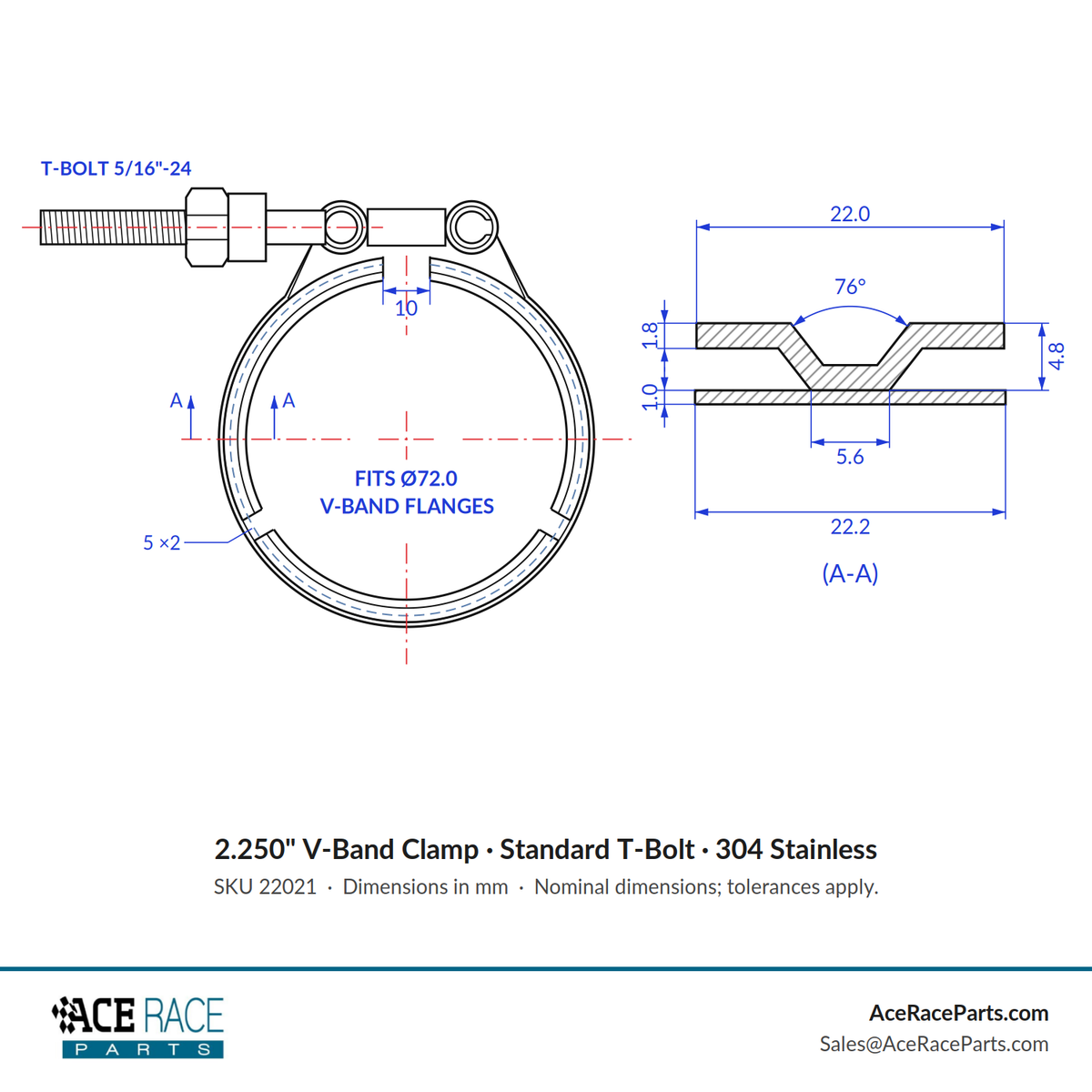 2.250" V-Band Clamp - Standard T-Bolt - (For 2.835" OD Flanges) - 304 Stainless