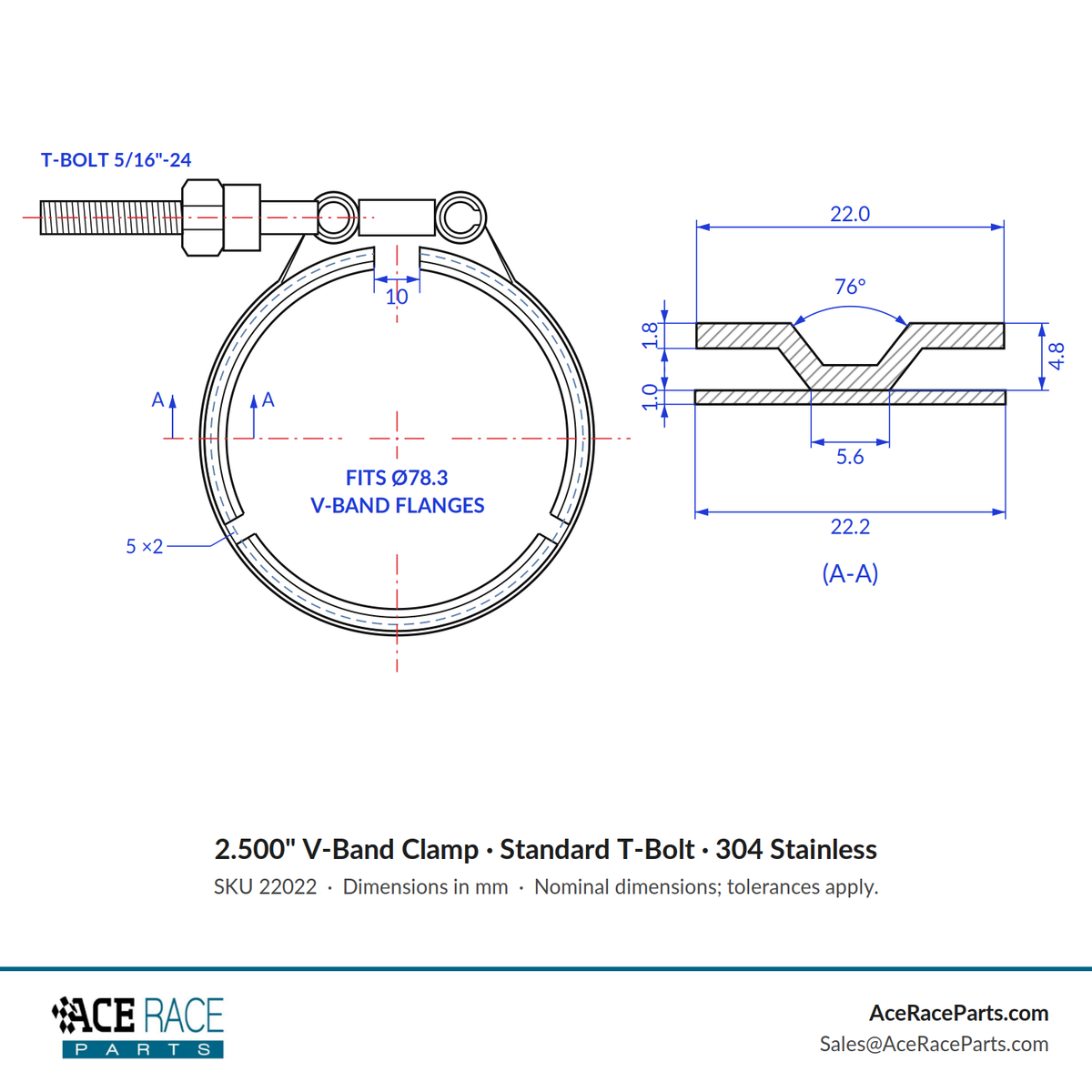 2.500" V-Band Clamp - Standard T-Bolt - (For 3.083" OD Flanges) - 304 Stainless
