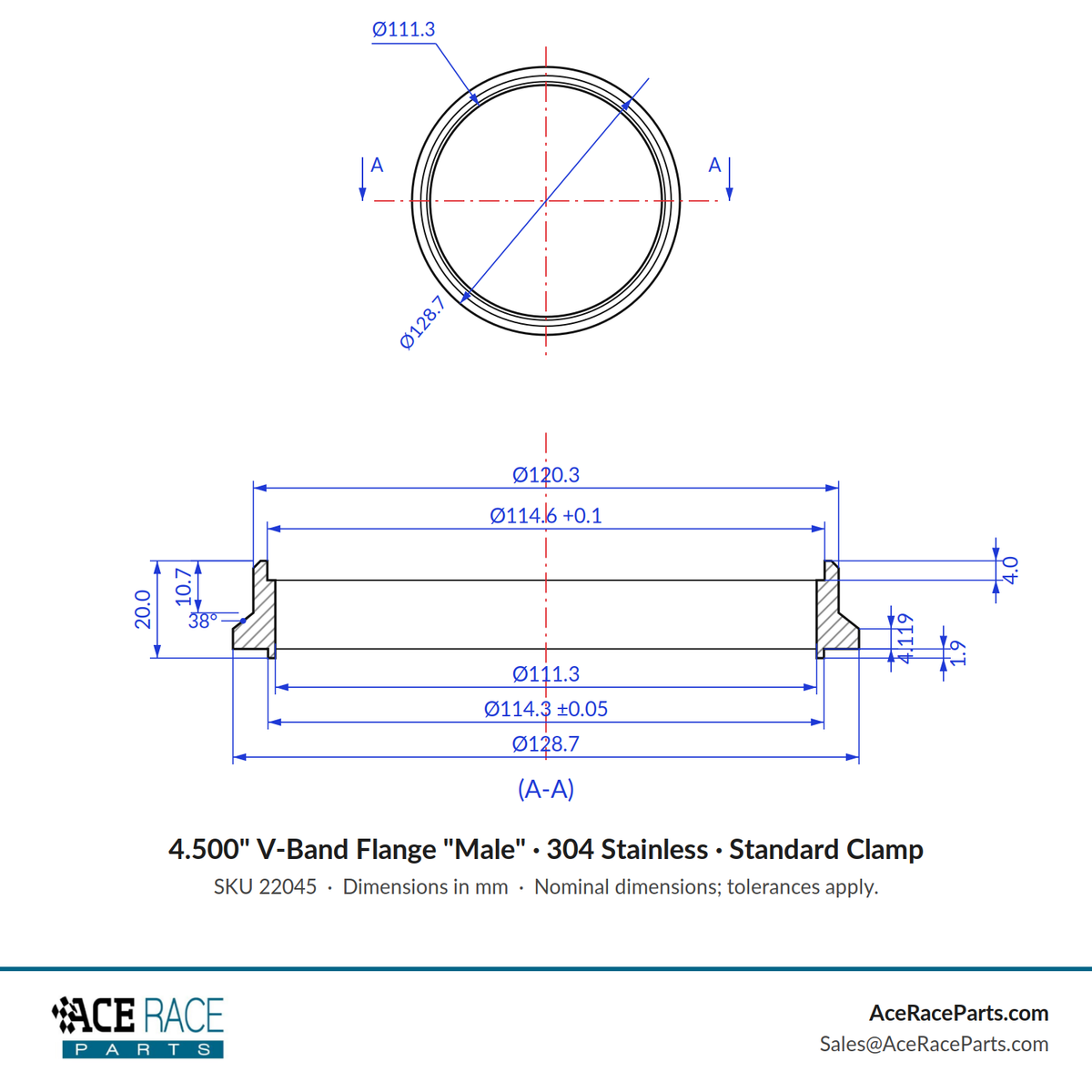 4.500" V-Band Flange "Male" 304 Stainless - Fits Standard V-Band Clamp