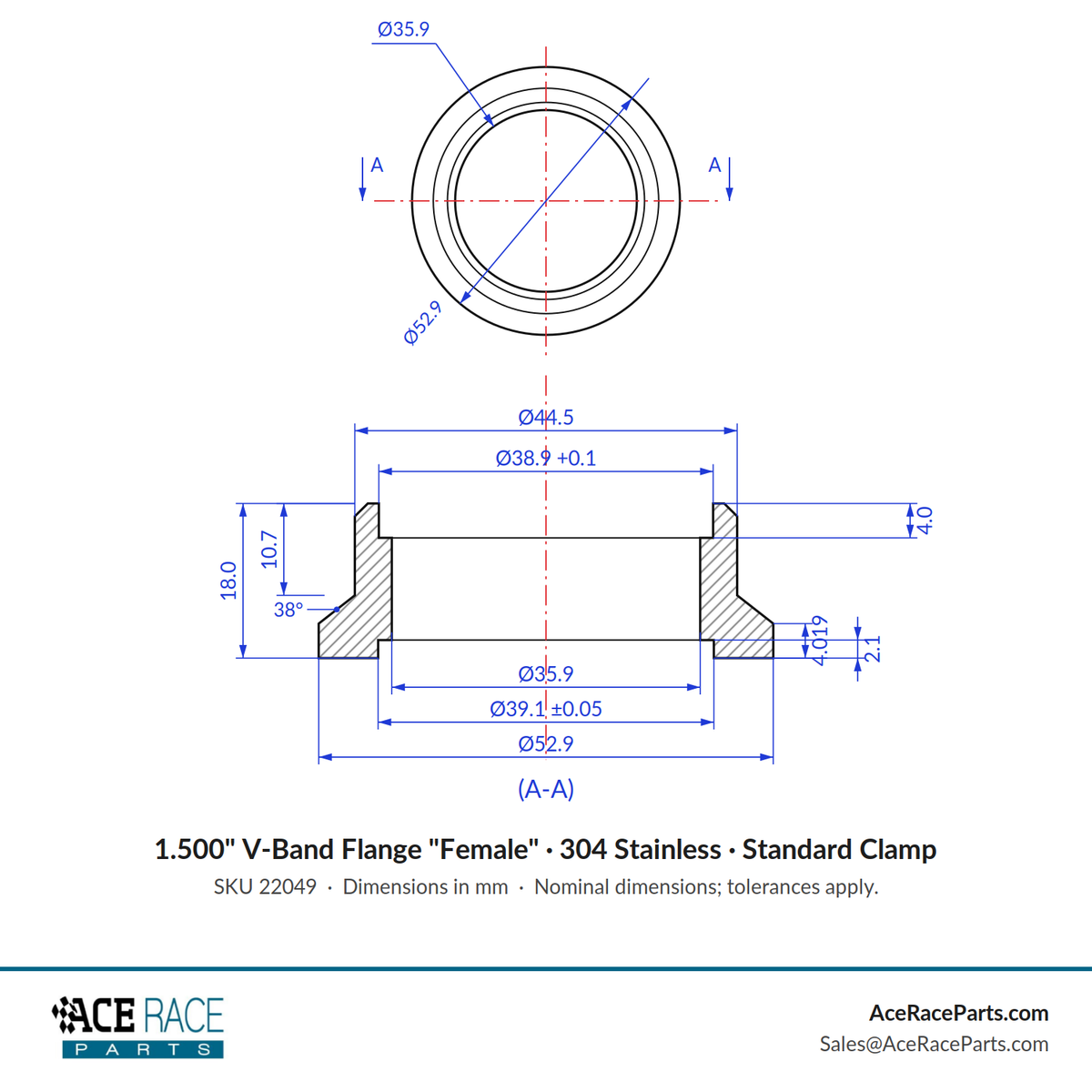 1.500" V-Band Flange "Female" 304 Stainless - Fits Standard V-Band Clamp