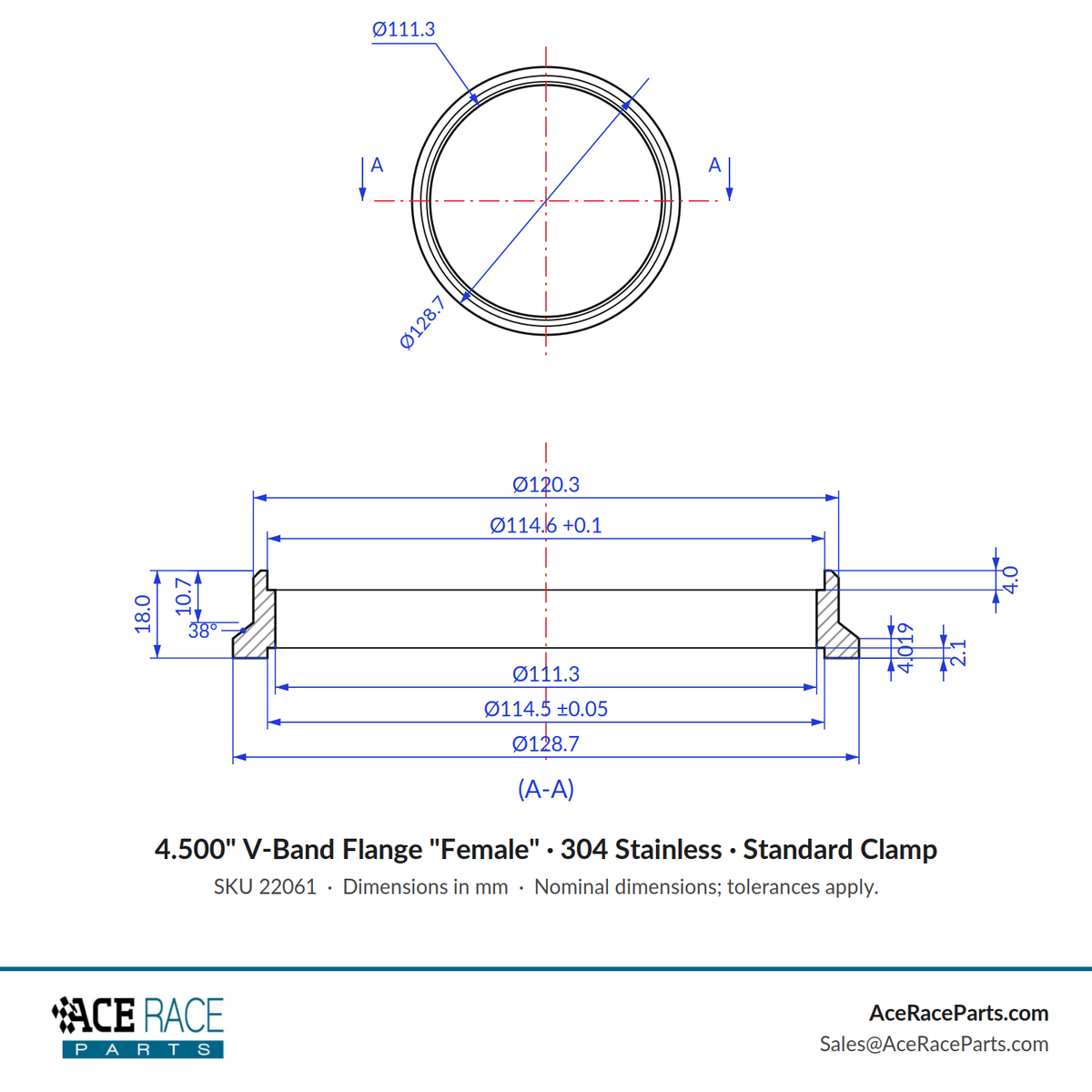 4.500" V-Band Flange "Female" 304 Stainless - Fits Standard V-Band Clamp