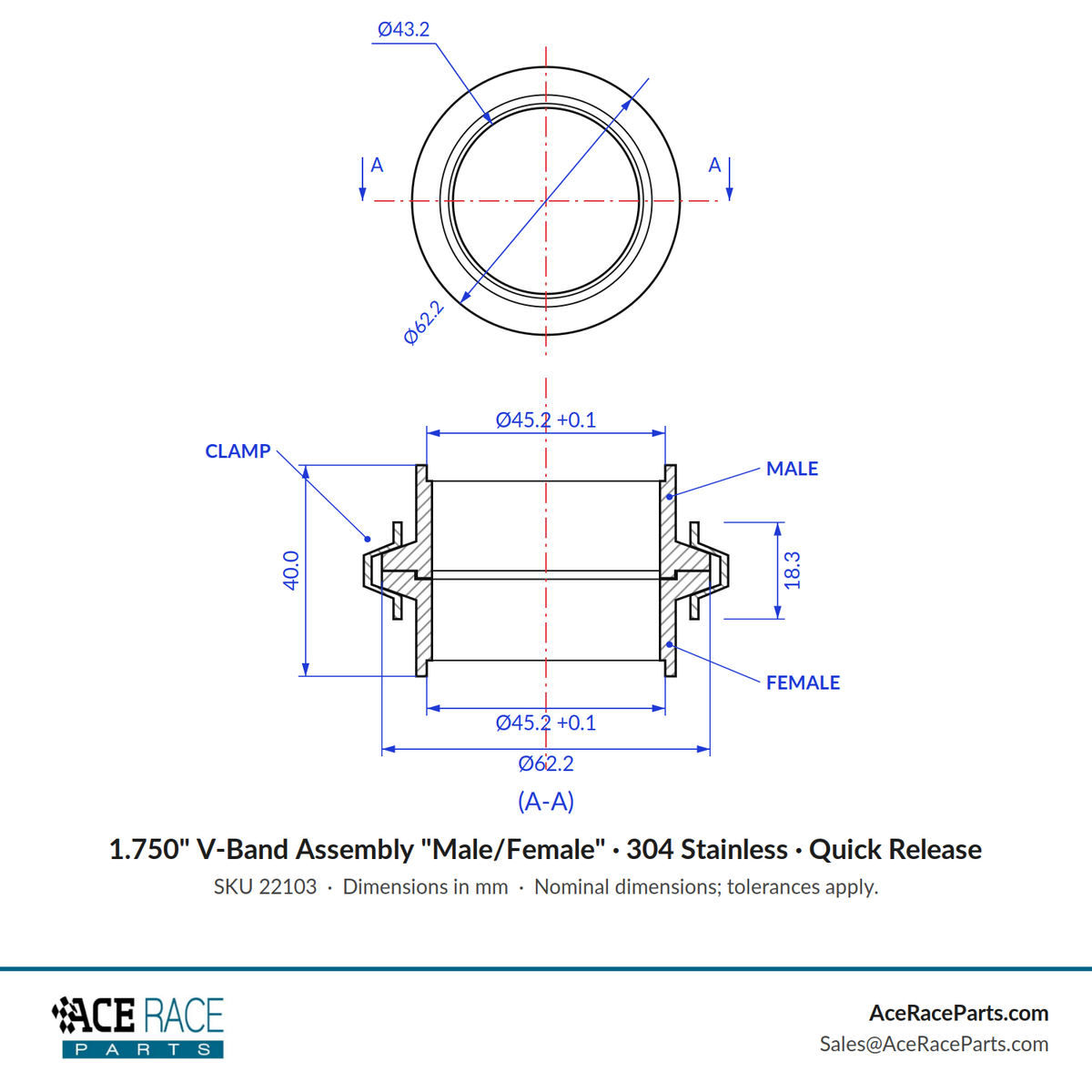1.750" V-Band Assembly "Male/Female" 304 Stainless - Quick Release Clamp