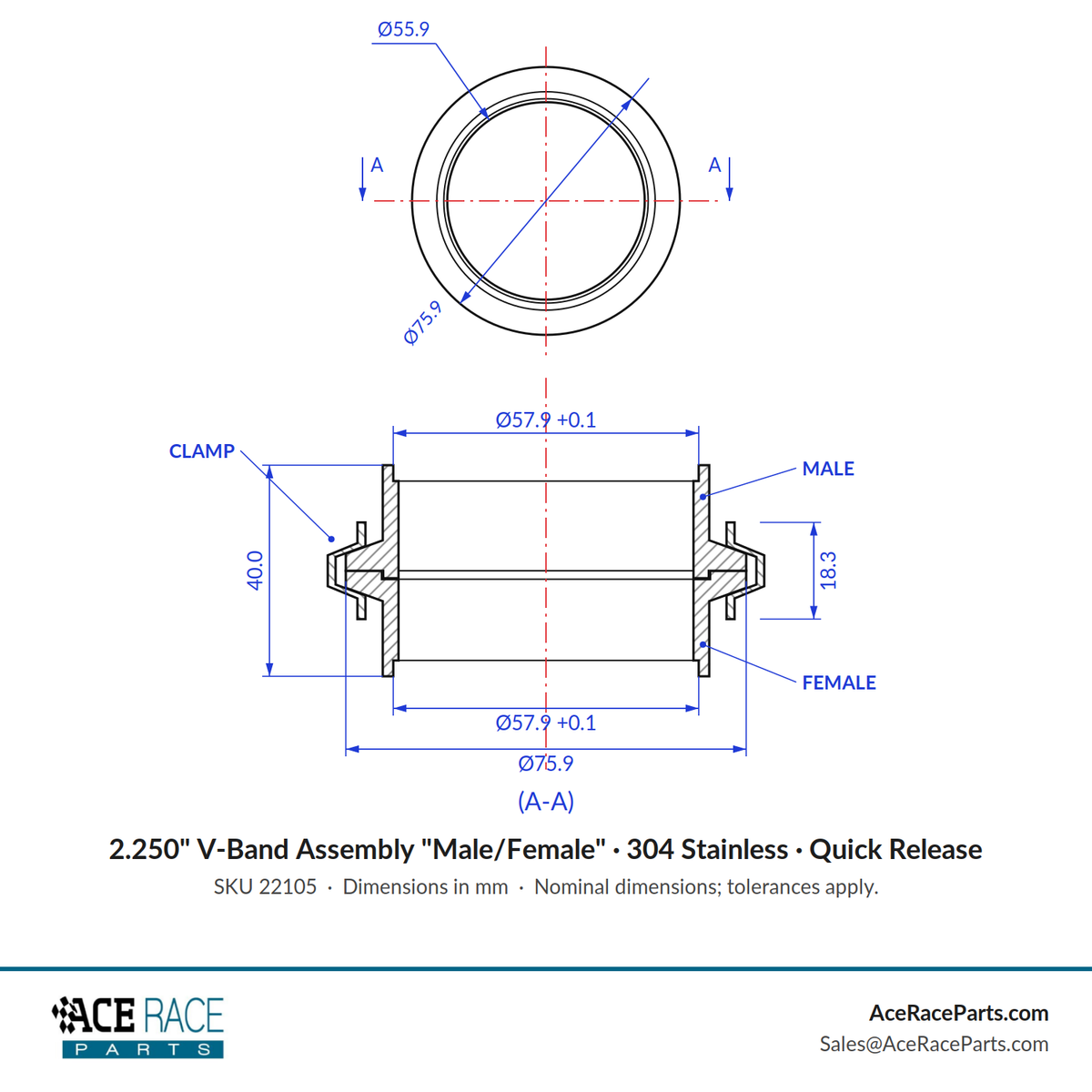 2.250" V-Band Assembly "Male/Female" 304 Stainless - Quick Release Clamp
