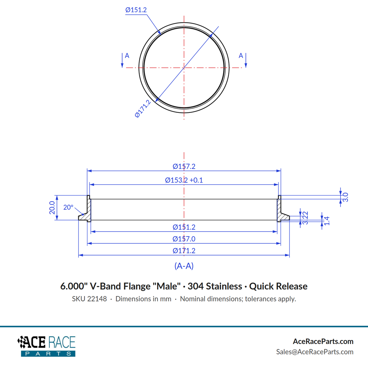 6.000" V-Band Flange "Male" 304 Stainless - Fits Quick Release Clamp