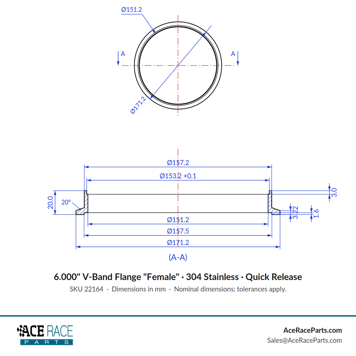 6.000" V-Band Flange "Female" 304 Stainless - Fits Quick Release Clamp