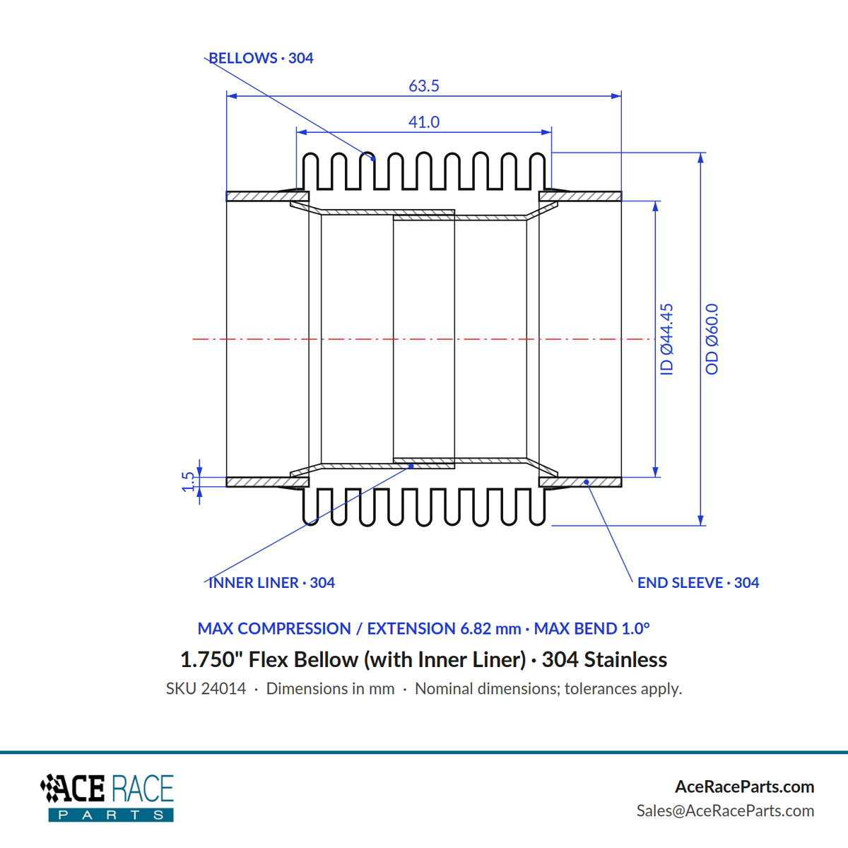 1.750" Flex Bellow (with Inner Liner) x 2.500" Overall Length - 304 Stainless
