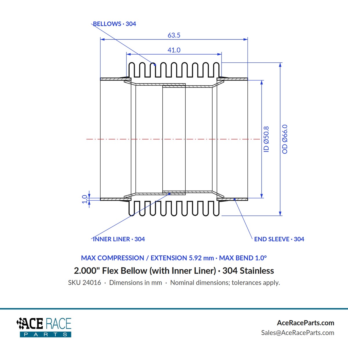 2.000" Flex Bellow (with Inner Liner) x 2.500" Overall Length - 304 Stainless