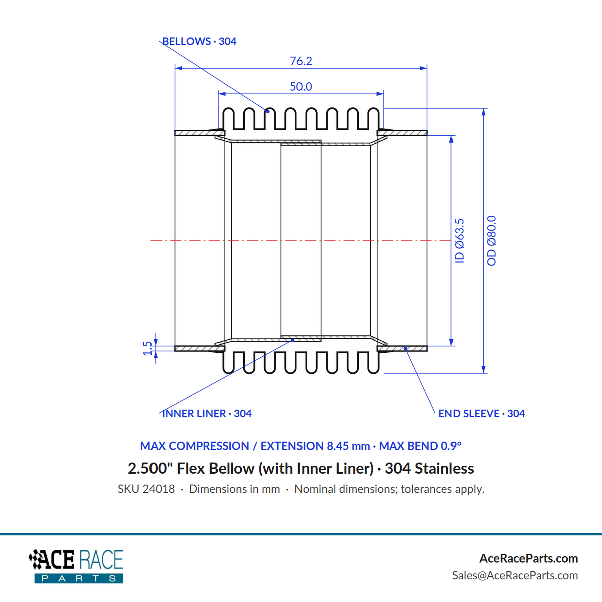 2.500" Flex Bellow (with Inner Liner) x 3.000" Overall Length - 304 Stainless