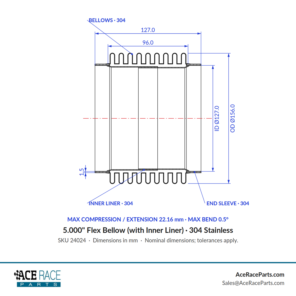 5.000" Flex Bellow (with Inner Liner) x 5.000" Overall Length - 304 Stainless