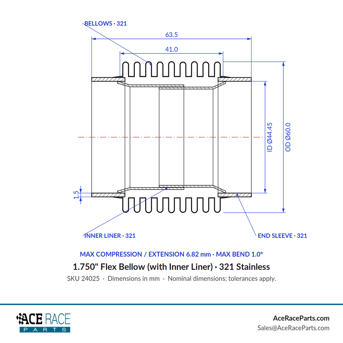 1.750" Flex Bellow (with Inner Liner) x 2.500" Overall Length - 321 Stainless