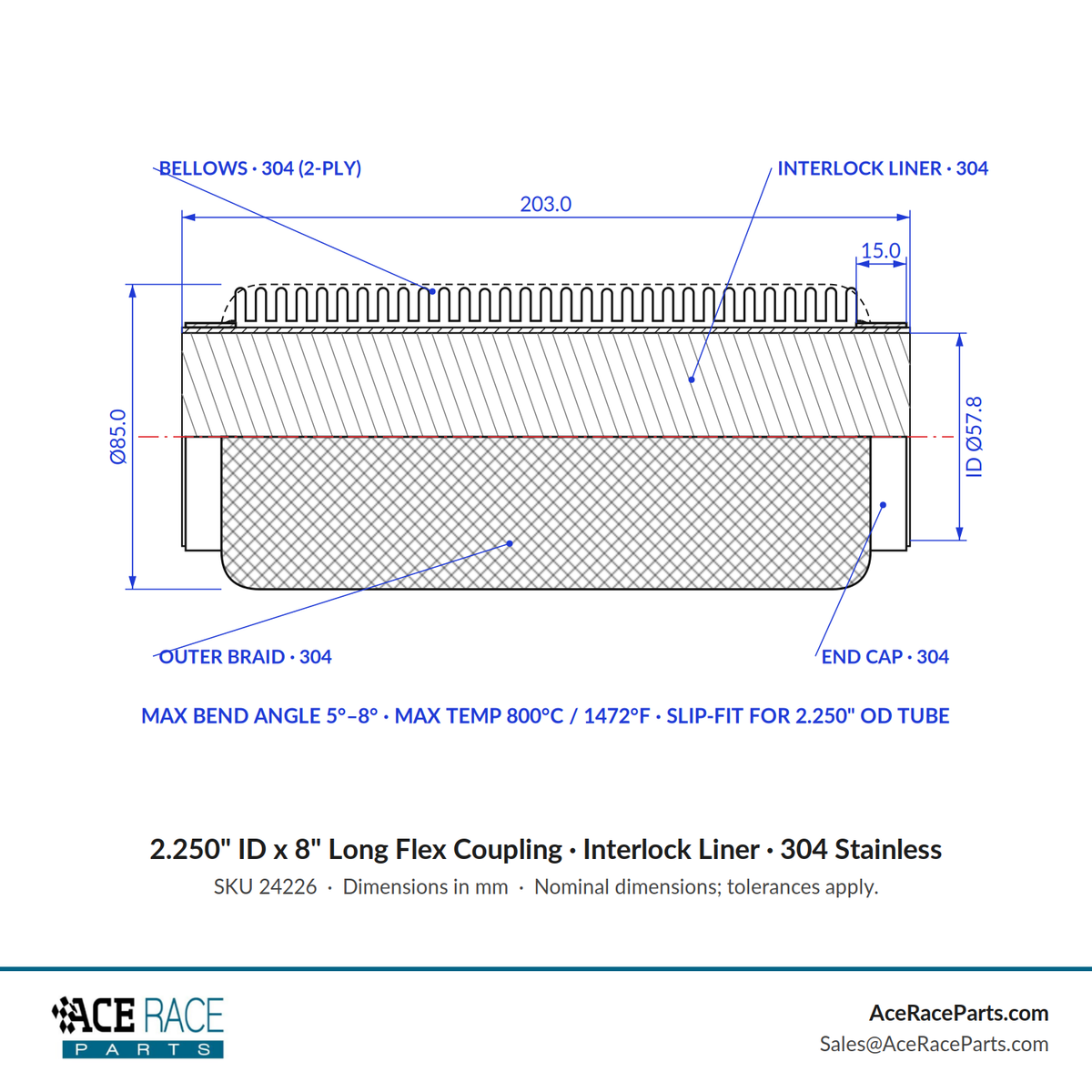 2.250" ID x 8" Long Flex Coupling (Interlock Liner) 304 Stainless