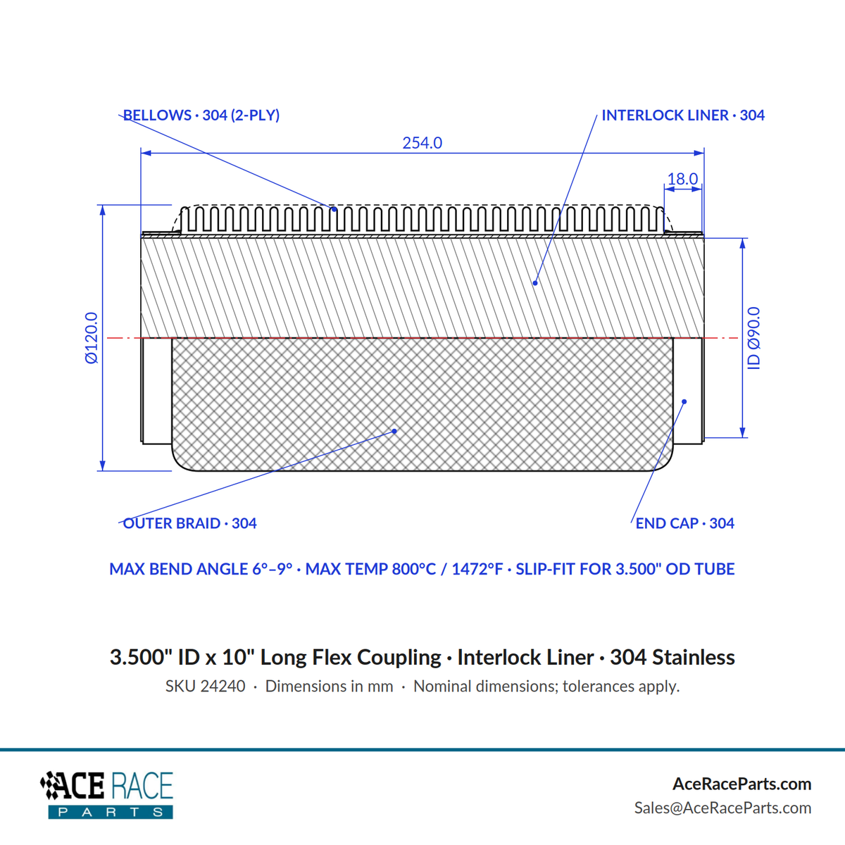 3.500" ID x 10" Long Flex Coupling (Interlock Liner) 304 Stainless