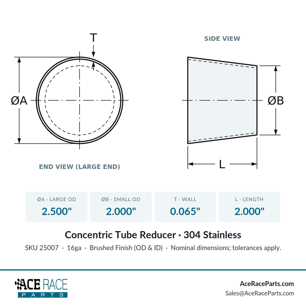 2.500" OD x 2.000" OD 16ga Reducer (2.000" Long) - Brushed Finish - 304 Stainless