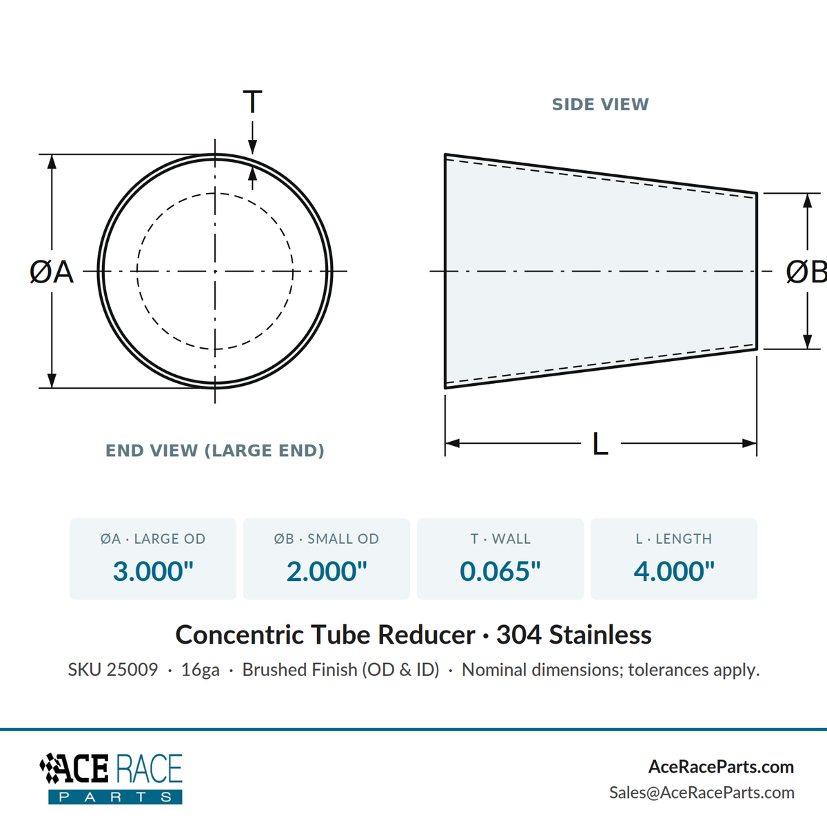 3.000" OD x 2.000" OD 16ga Reducer (4.000" Long) - Brushed Finish - 304 Stainless