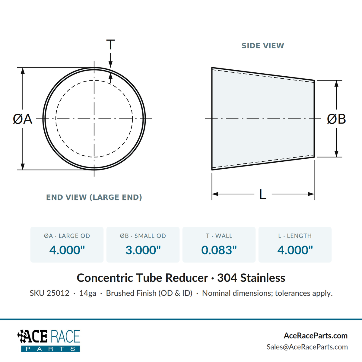 4.000" OD x 3.000" OD 14ga Reducer (4.000" Long) - Brushed Finish - 304 Stainless