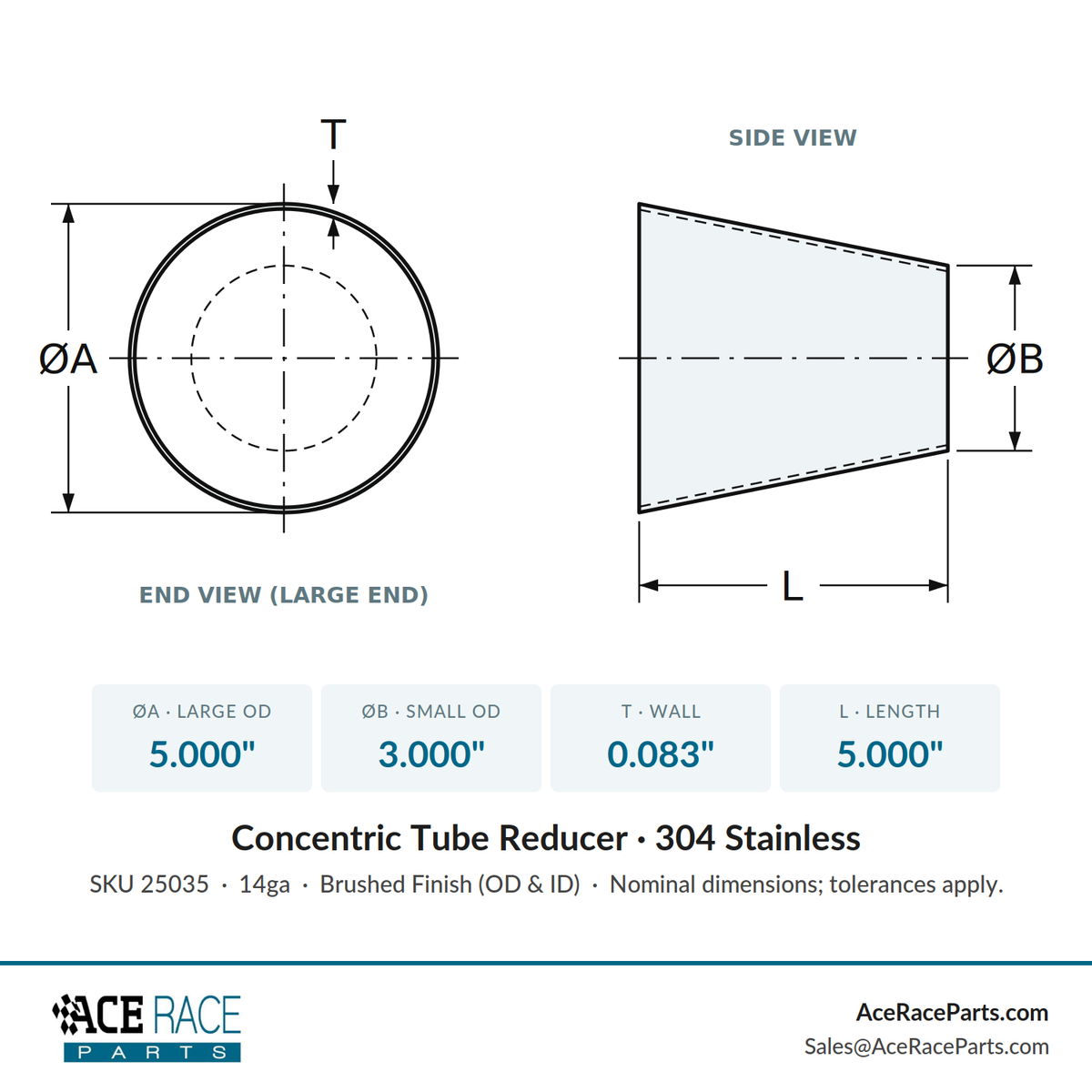 5.000" OD x 3.000" OD 14ga Reducer (5.000" Long) - Brushed Finish - 304 Stainless