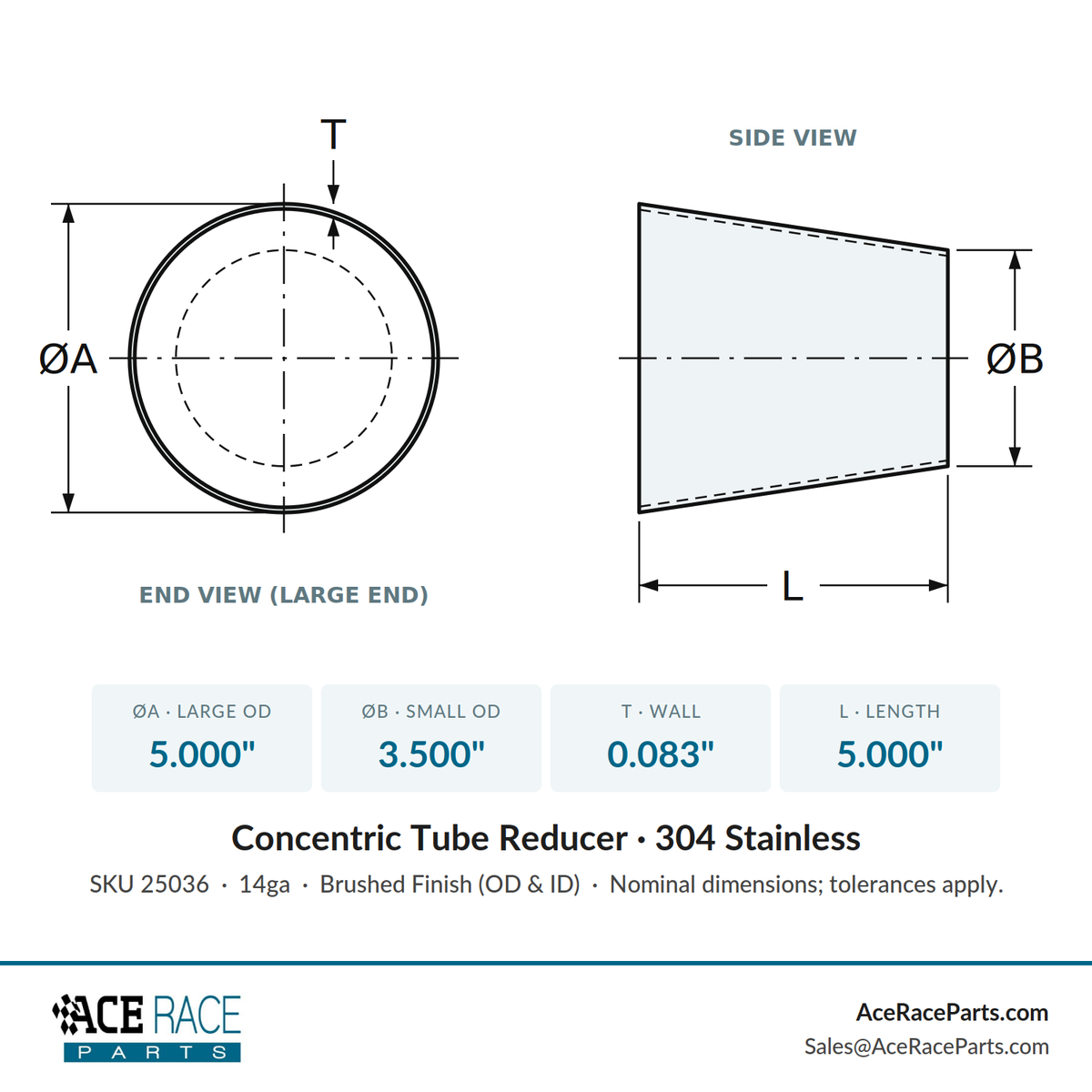 5.000" OD x 3.500" OD 14ga Reducer (5.000" Long) - Brushed Finish - 304 Stainless