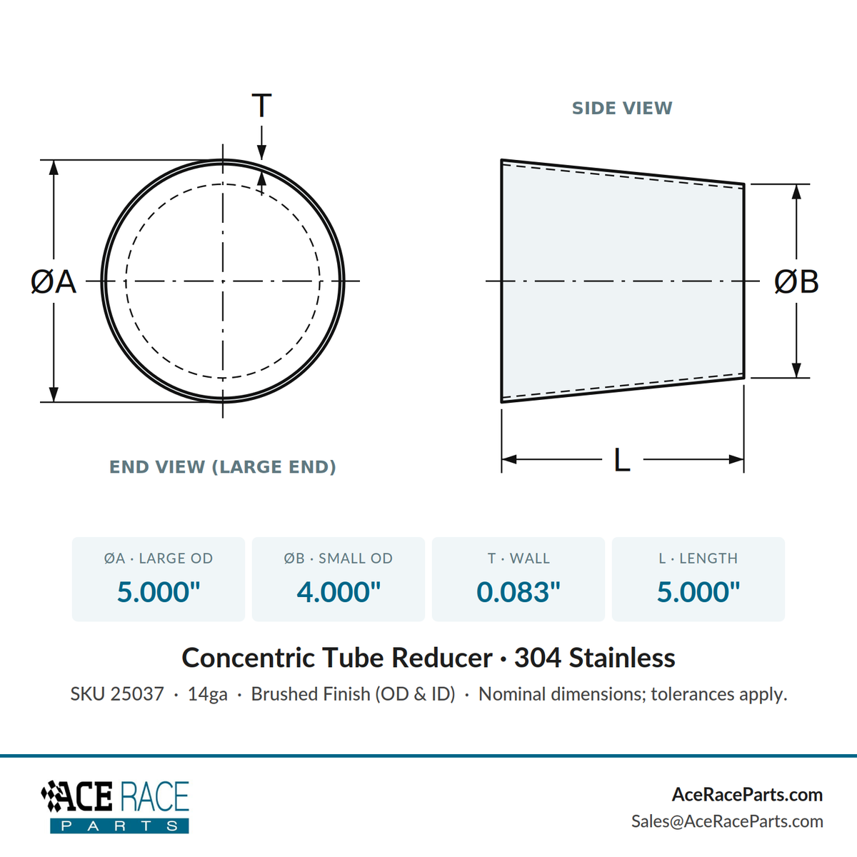 5.000" OD x 4.000" OD 14ga Reducer (5.000" Long) - Brushed Finish - 304 Stainless