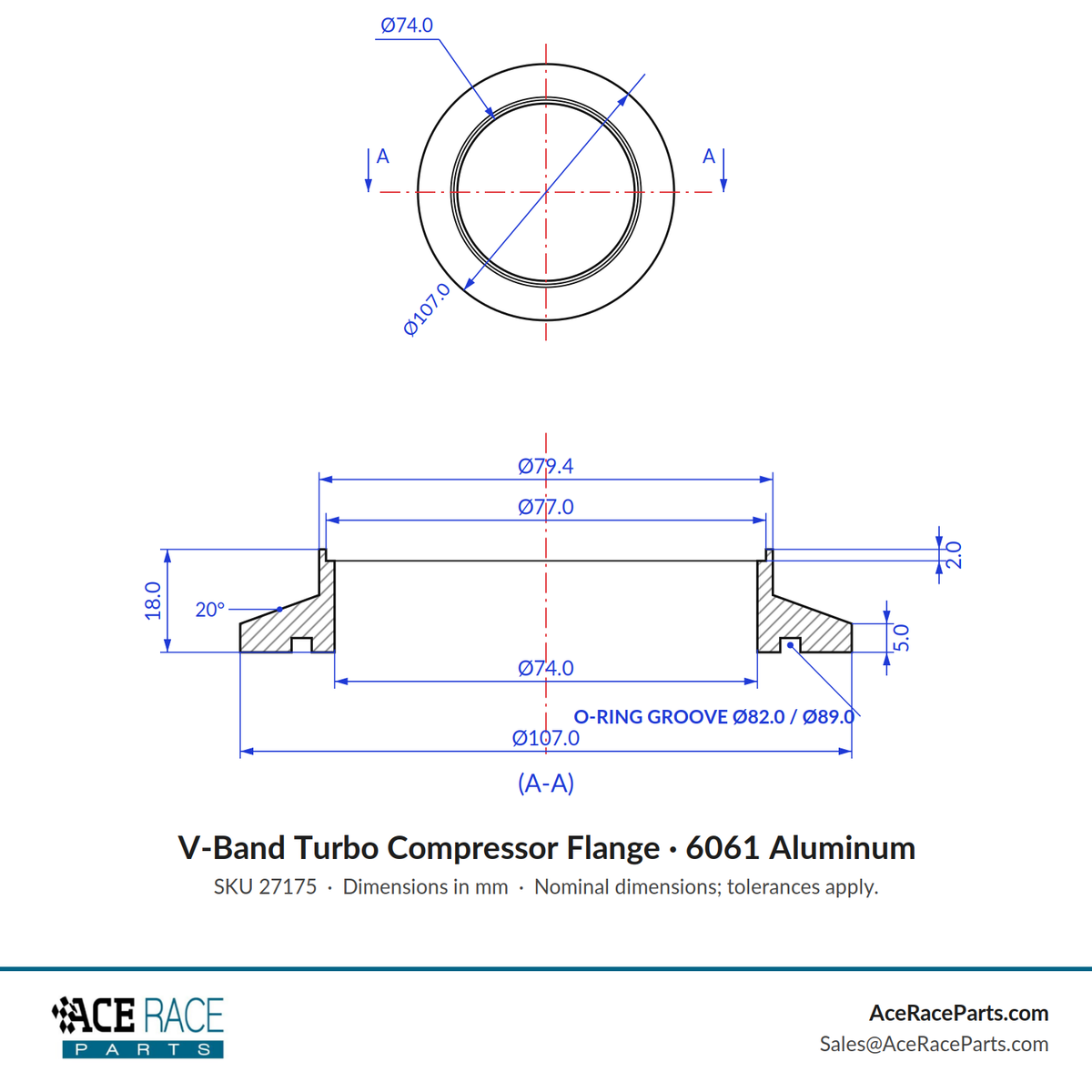 Turbo Compressor Flange - Garrett GT42, GT45/GTX45, GT47/GTX47, GTX50, GT55/GTX55 - 6061 Aluminum