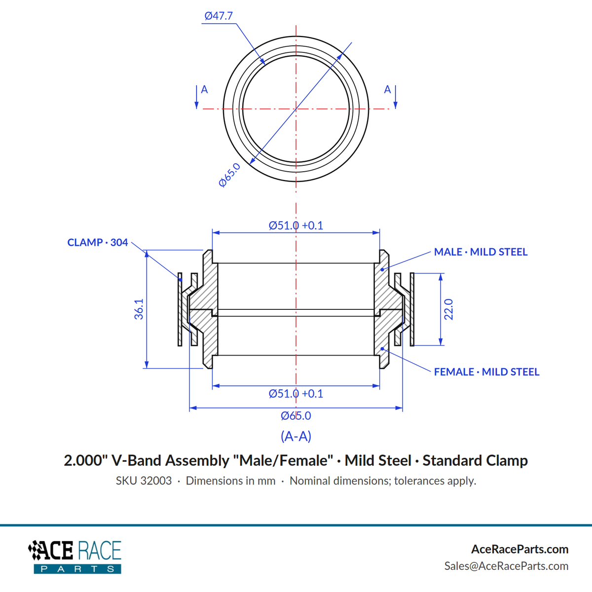 2.000" V-Band Assembly "Male/Female" Mild Steel - Standard Clamp