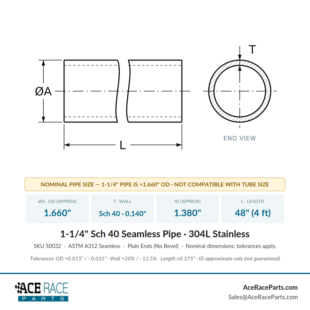 1-1/4" Schedule 40 Seamless Pipe 304L Stainless - 4 Foot Length