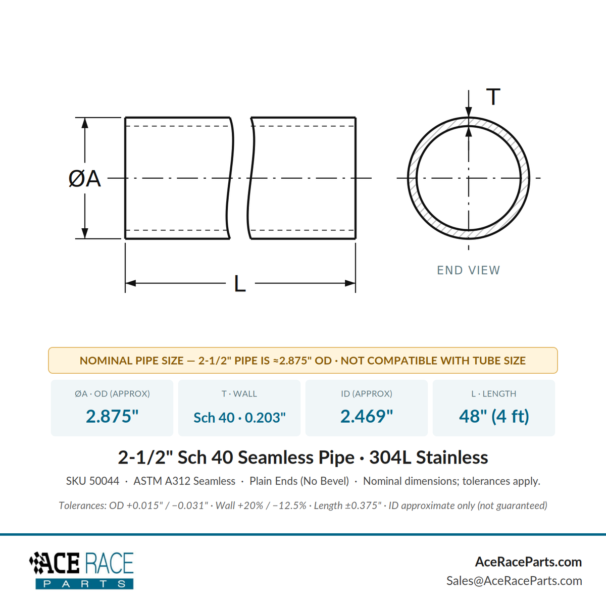 2-1/2" Schedule 40 Seamless Pipe 304L Stainless - 4 Foot Length