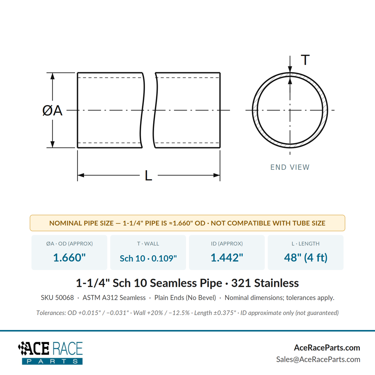 1-1/4" Schedule 10 Seamless Pipe 321 Stainless - 4 Foot Length