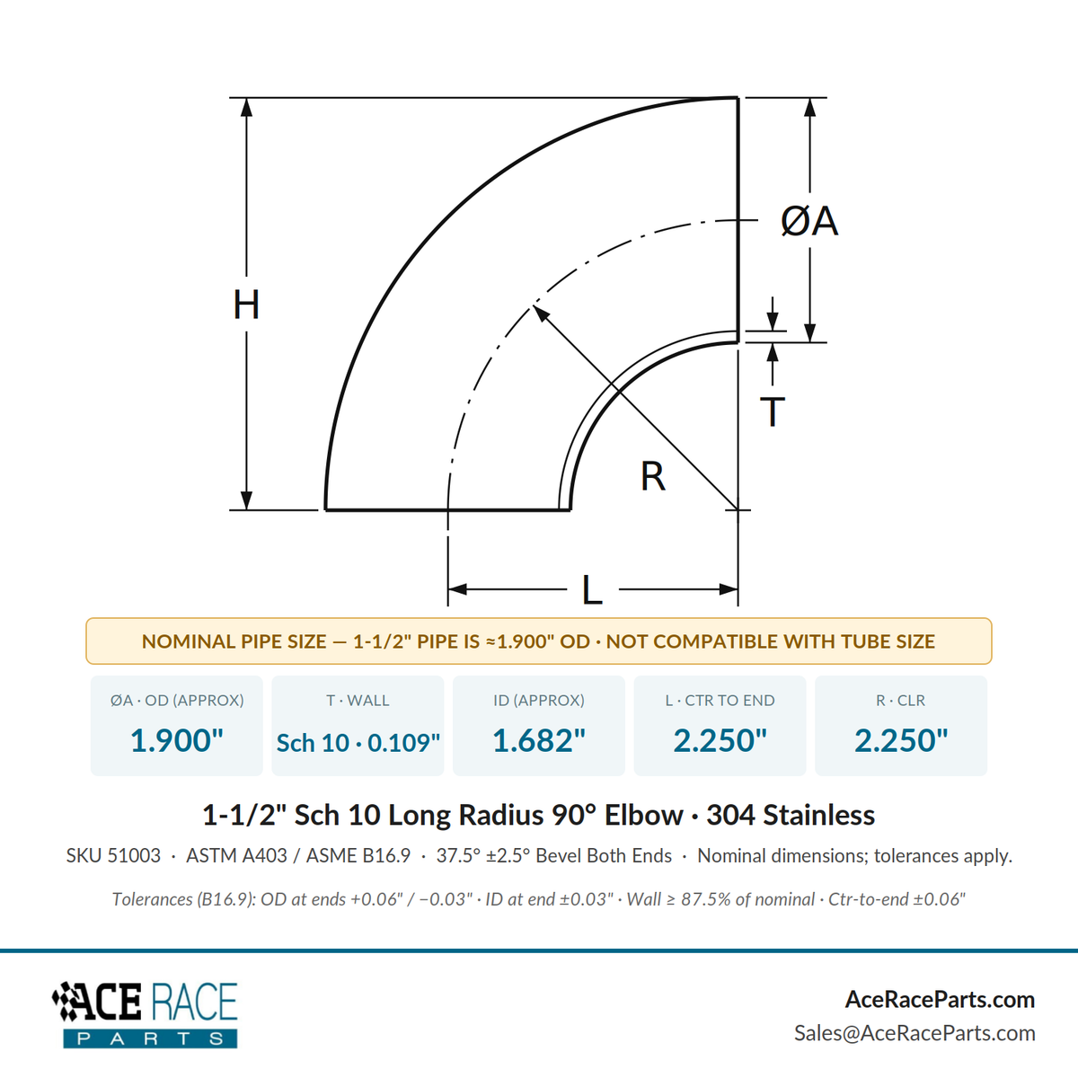 1-1/2" Schedule 10 Long Radius 90° Elbow 304 Stainless